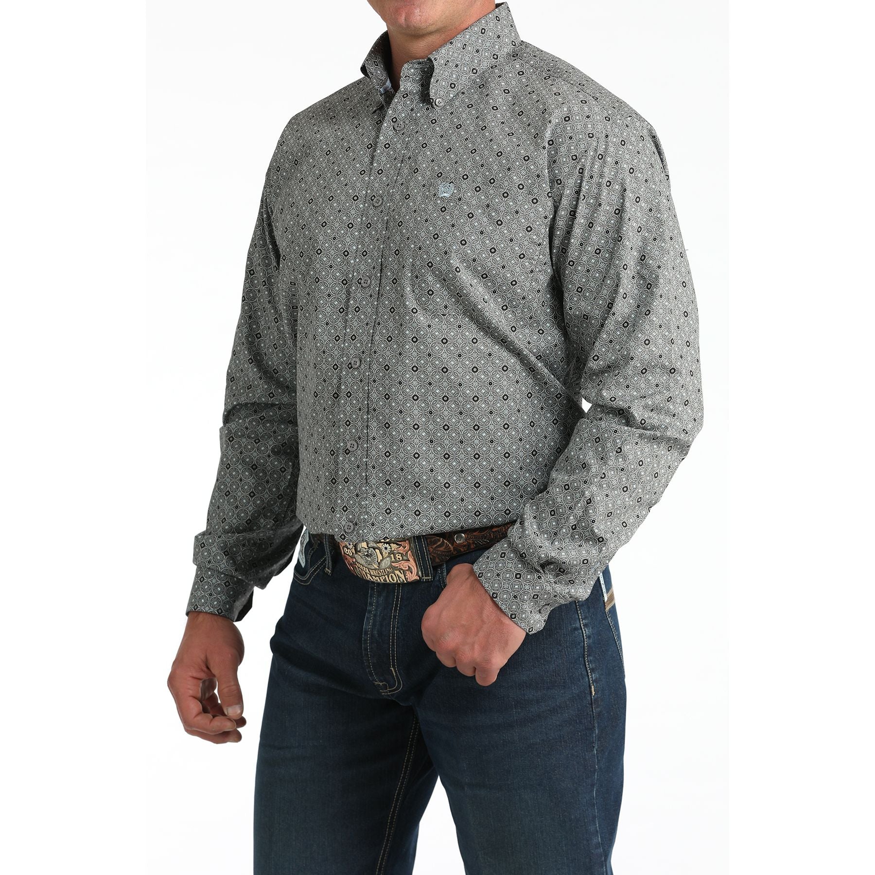 Men's Cinch Gray Geometric Print Button-Down Shirt MTW1106005