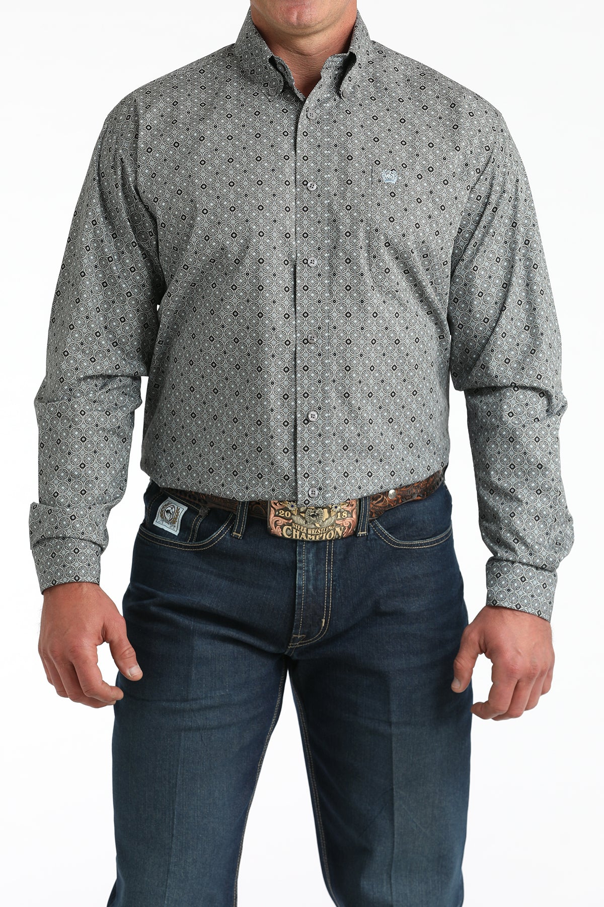Men's Cinch Gray Geometric Print Button-Down Shirt MTW1106005