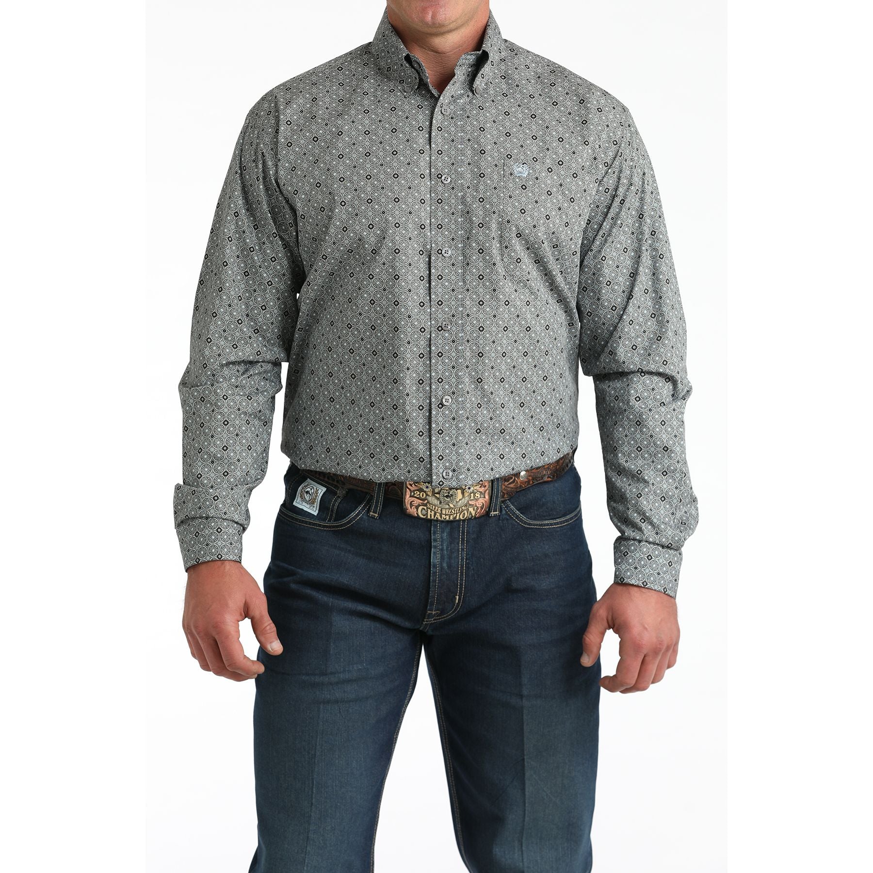 Men's Cinch Gray Geometric Print Button-Down Shirt MTW1106005