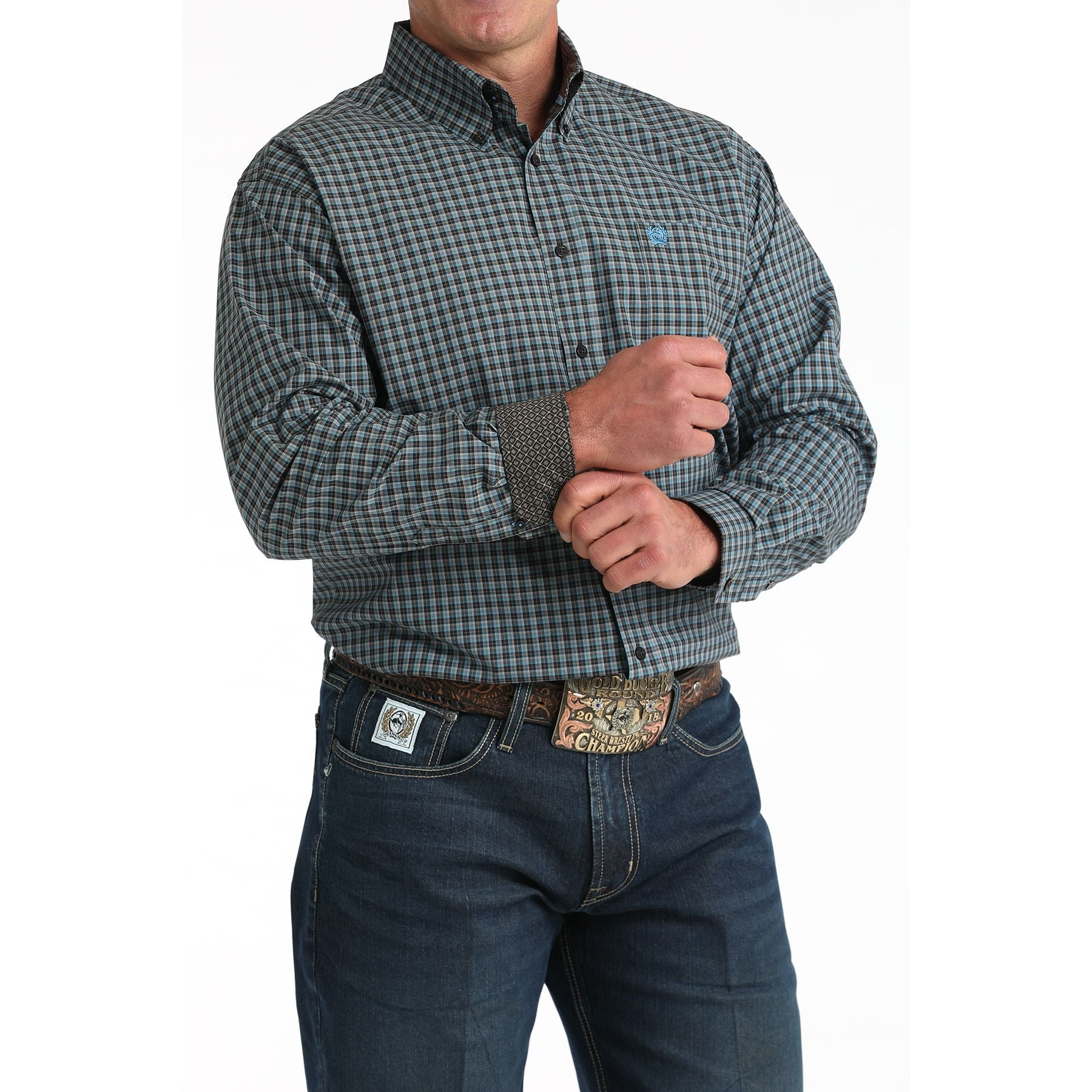 Men's Cinch Brown/Blue Small Plaid Classic Fit Button-Down Western Shirt MTW1106006