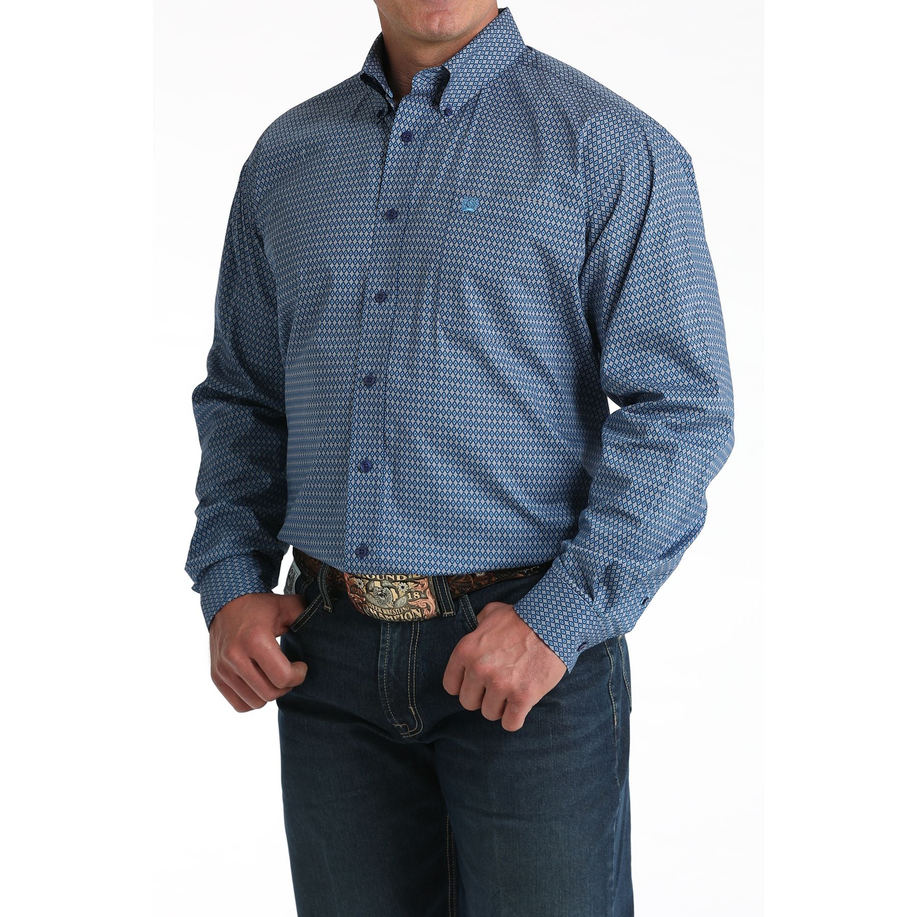 Men's Cinch Blue Diamond Print Long Sleeve Button Shirt MTW1106011