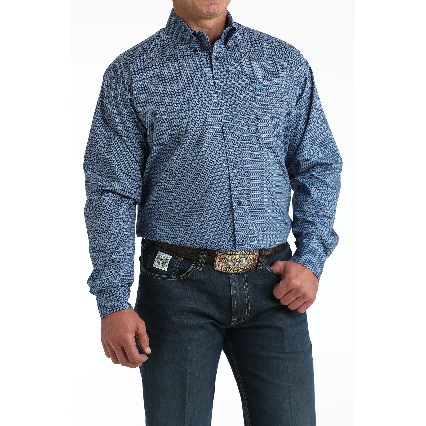 Men's Cinch Blue Diamond Print Long Sleeve Button Shirt MTW1106011