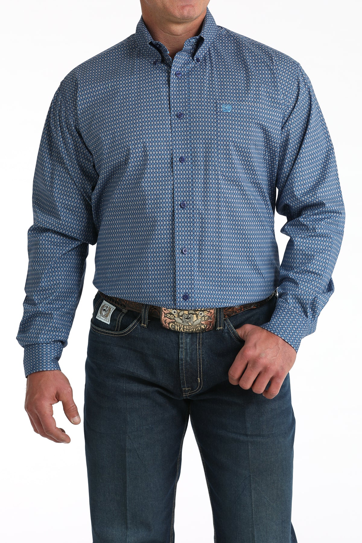 Men's Cinch Blue Diamond Print Long Sleeve Button Shirt MTW1106011
