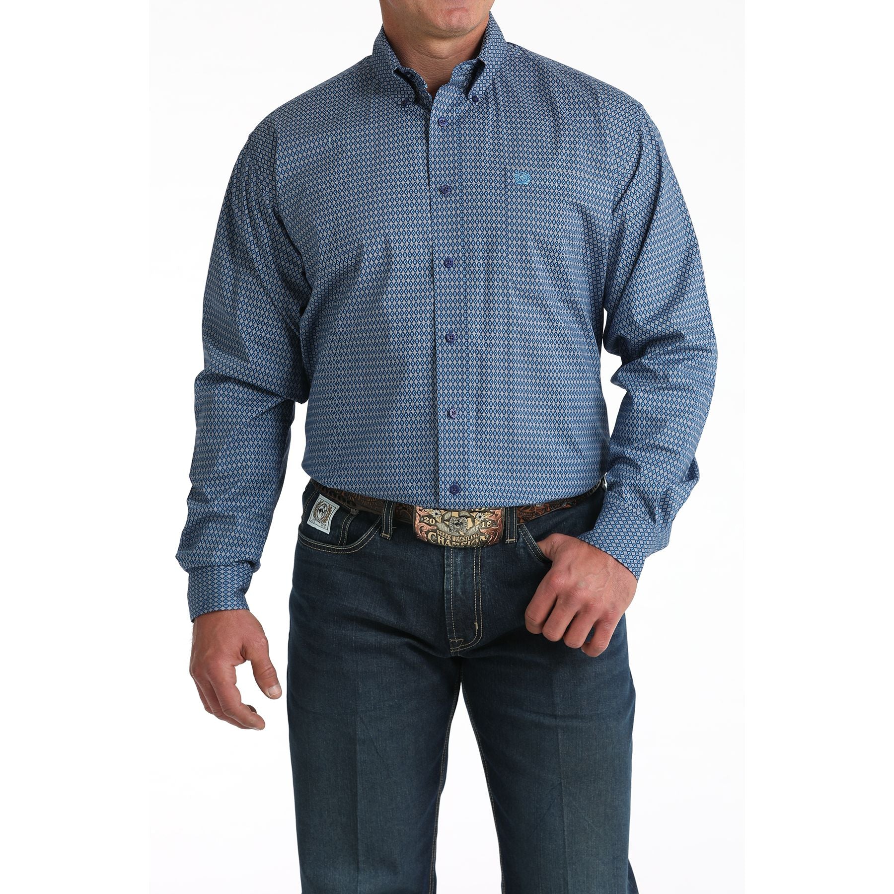 Men's Cinch Blue Diamond Print Long Sleeve Button Shirt MTW1106011