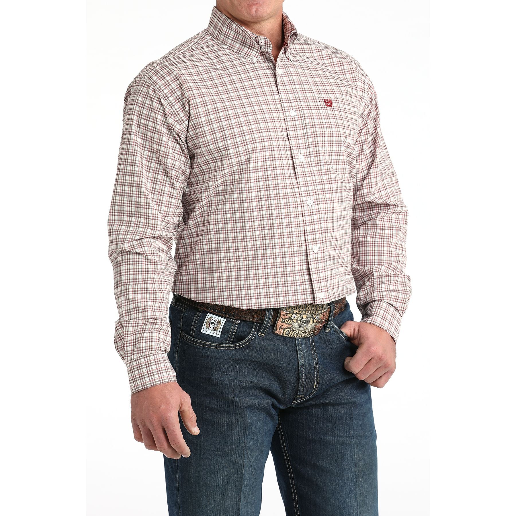 Men's Cinch White/Red Small Plaid Classic Fit Button-Down Western Shirt MTW1106015