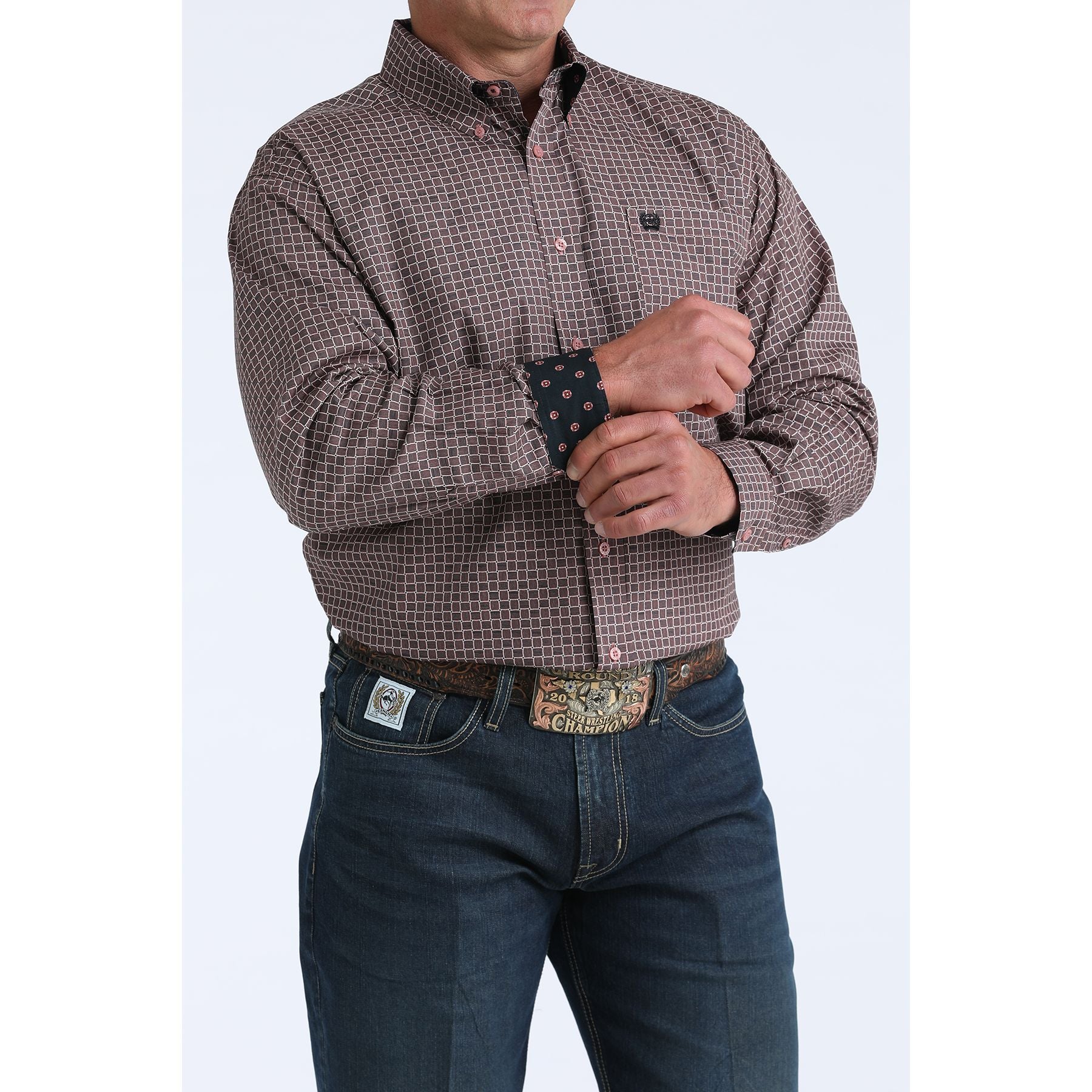 Men's Cinch Pink Square Stitch Print Classic Fit Button-down Western Shirt MTW1106016