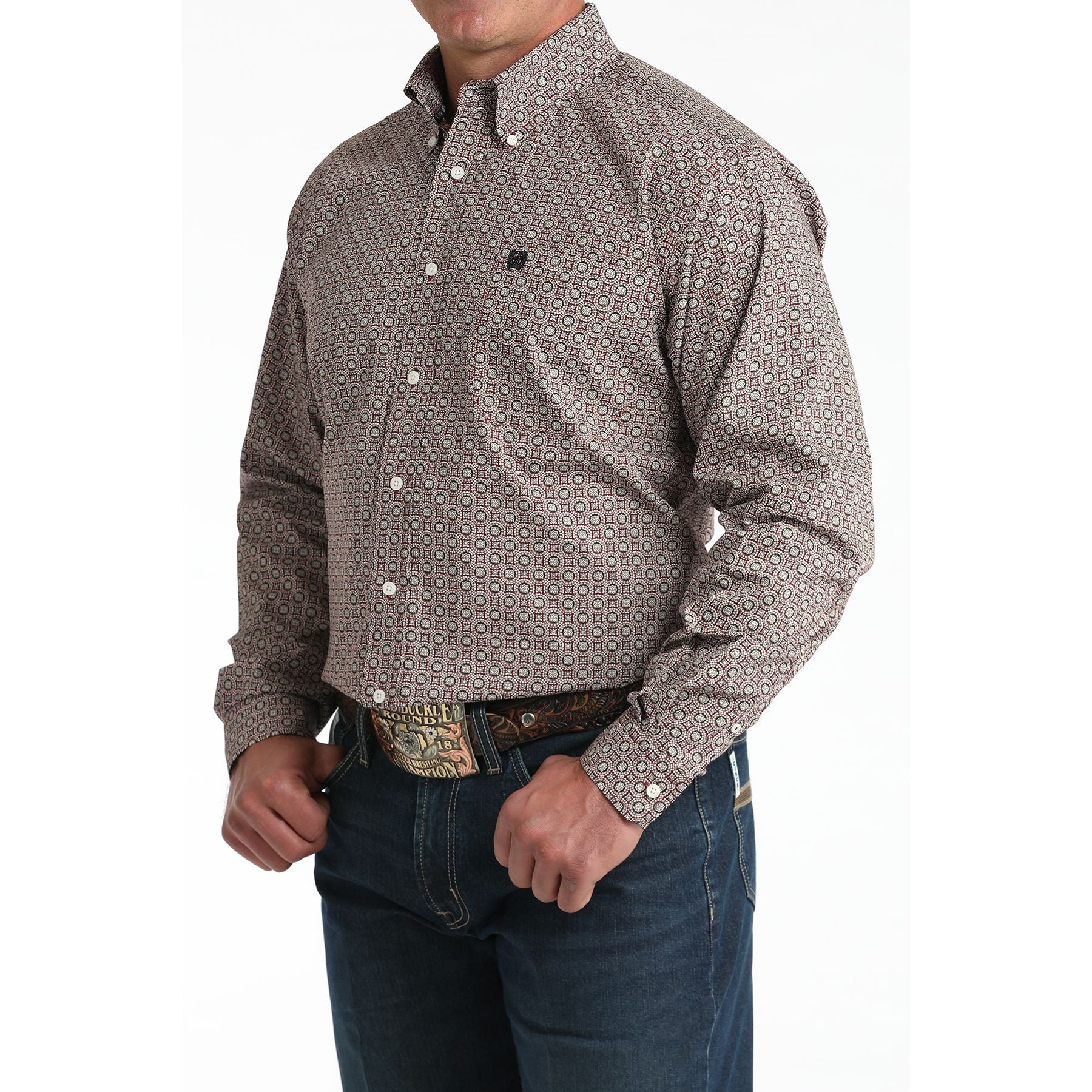 Men's Cinch Long Sleeve Burgundy Printed Button Up Shirt MTW1106025