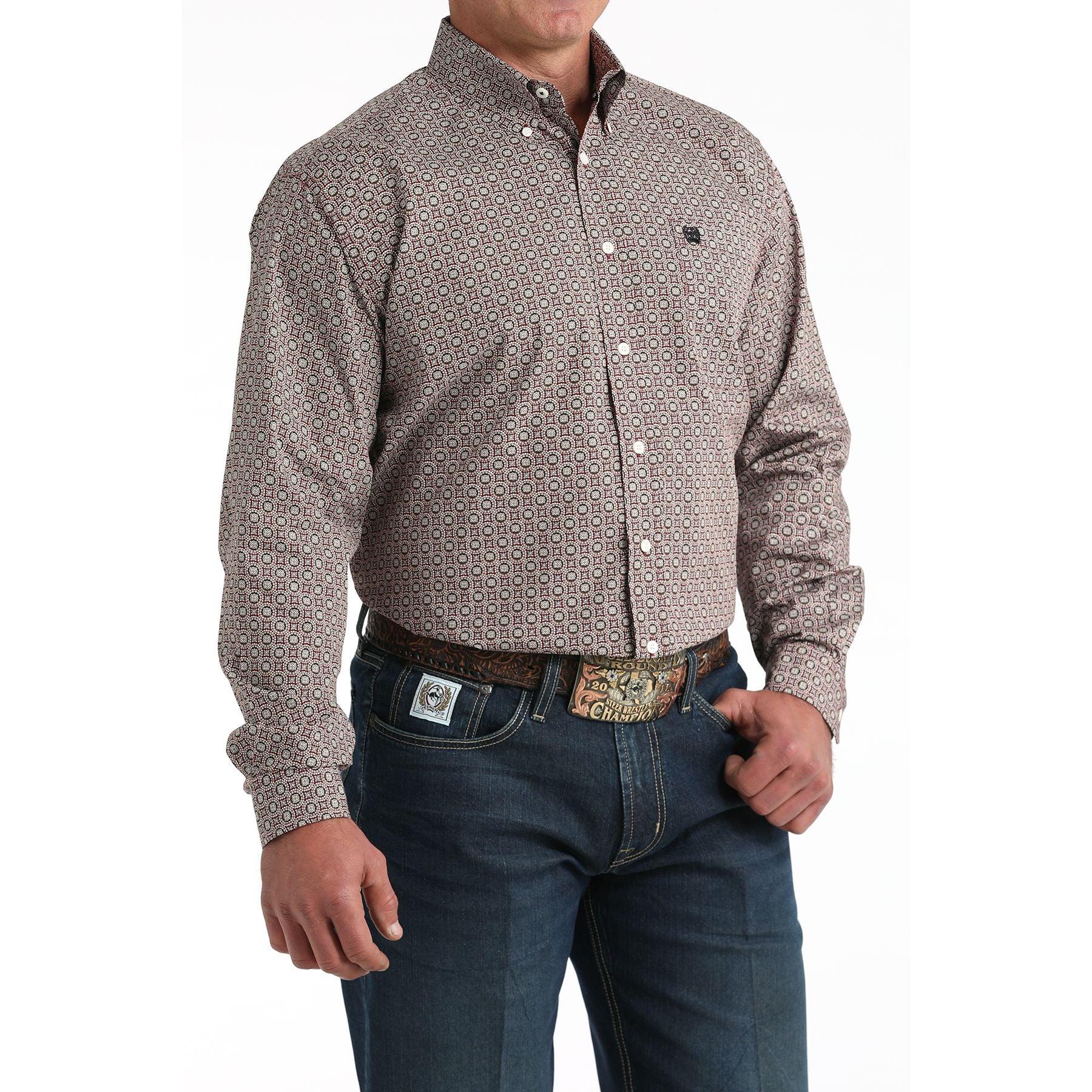 Men's Cinch Long Sleeve Burgundy Printed Button Up Shirt MTW1106025