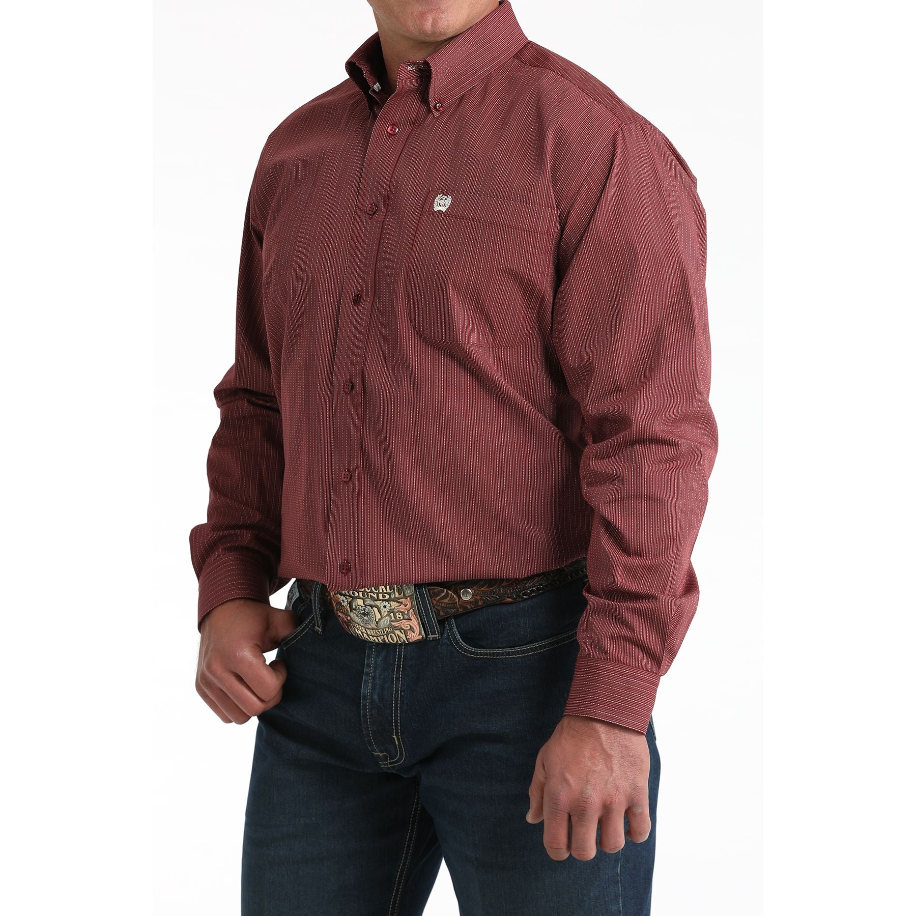 Men's Cinch Burgundy/White Classic Fit Button-Down Western Shirt MTW1106026