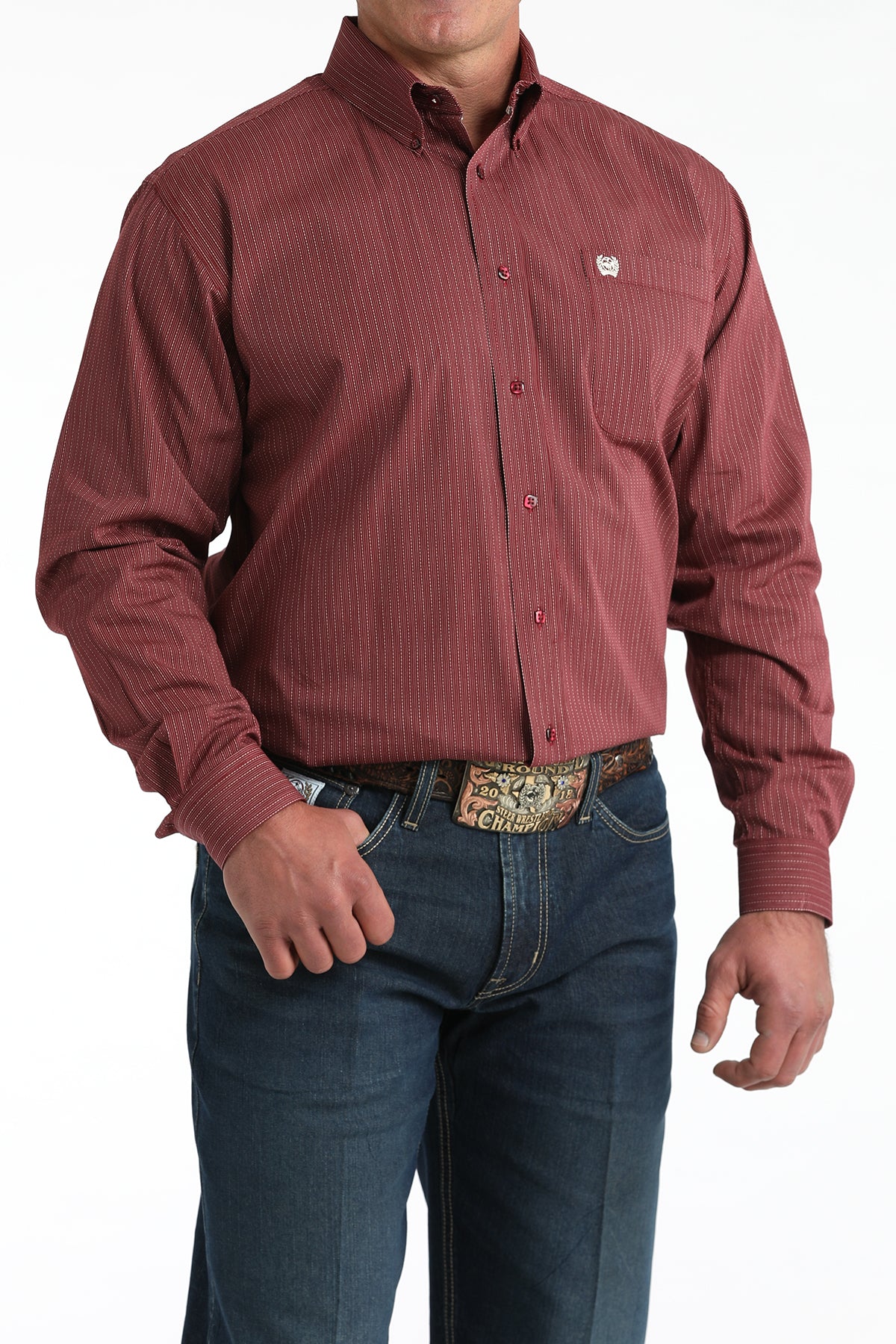 Men's Cinch Burgundy/White Classic Fit Button-Down Western Shirt MTW1106026