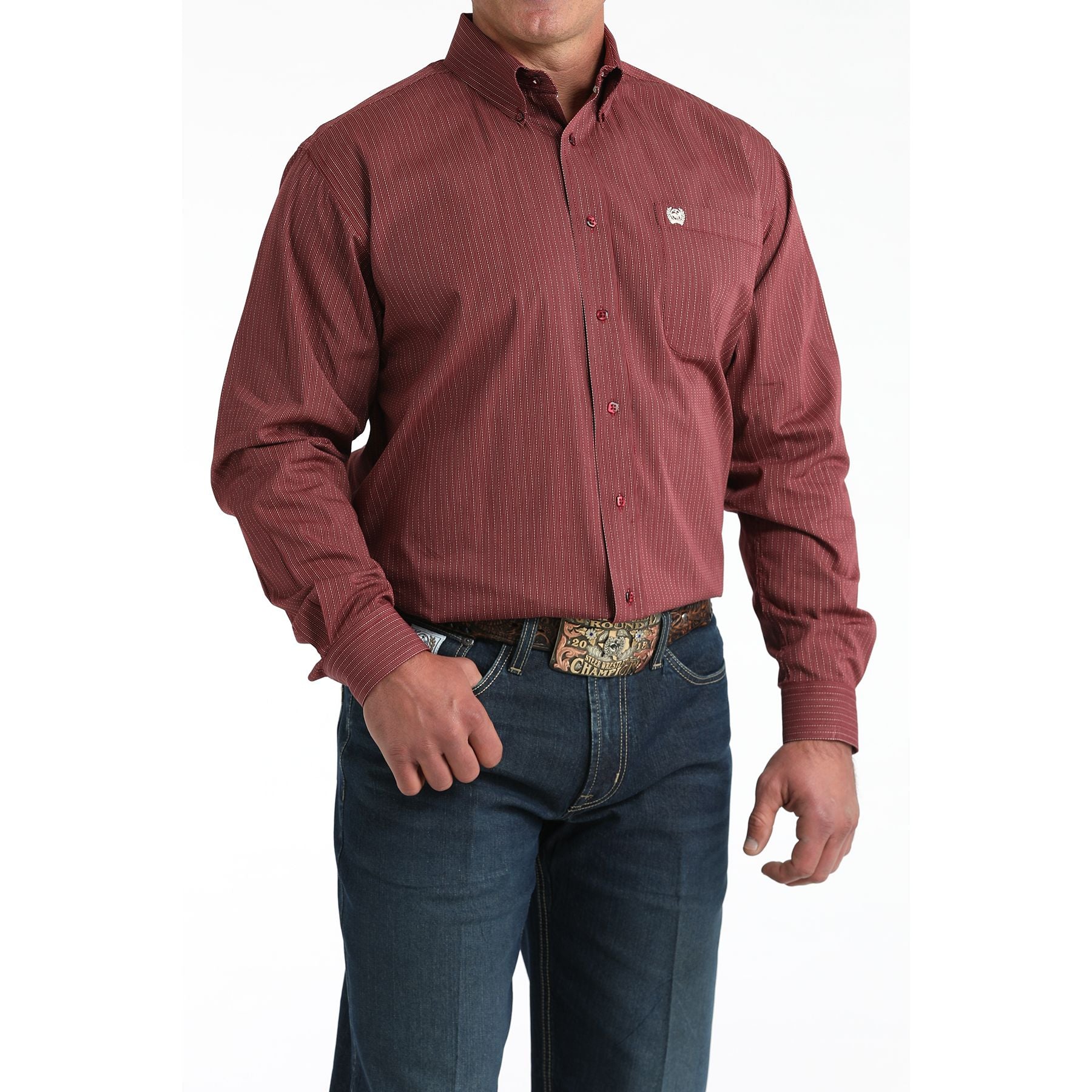 Men's Cinch Burgundy/White Classic Fit Button-Down Western Shirt MTW1106026