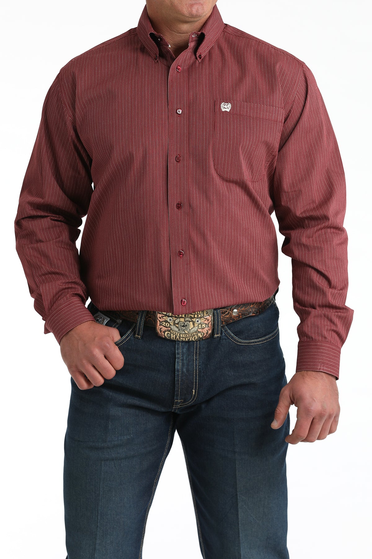 Men's Cinch Burgundy/White Classic Fit Button-Down Western Shirt MTW1106026