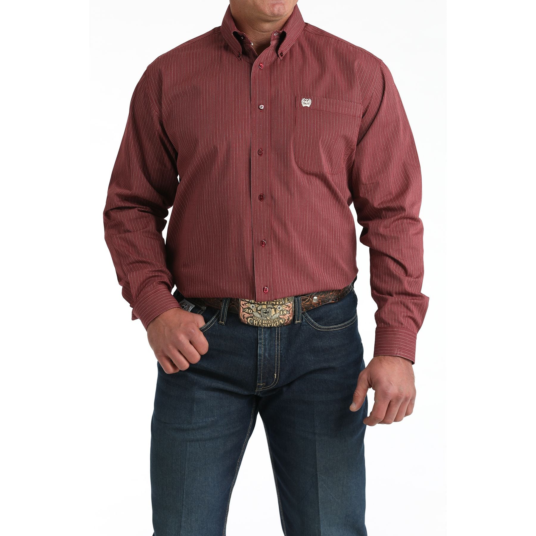 Men's Cinch Burgundy/White Classic Fit Button-Down Western Shirt MTW1106026