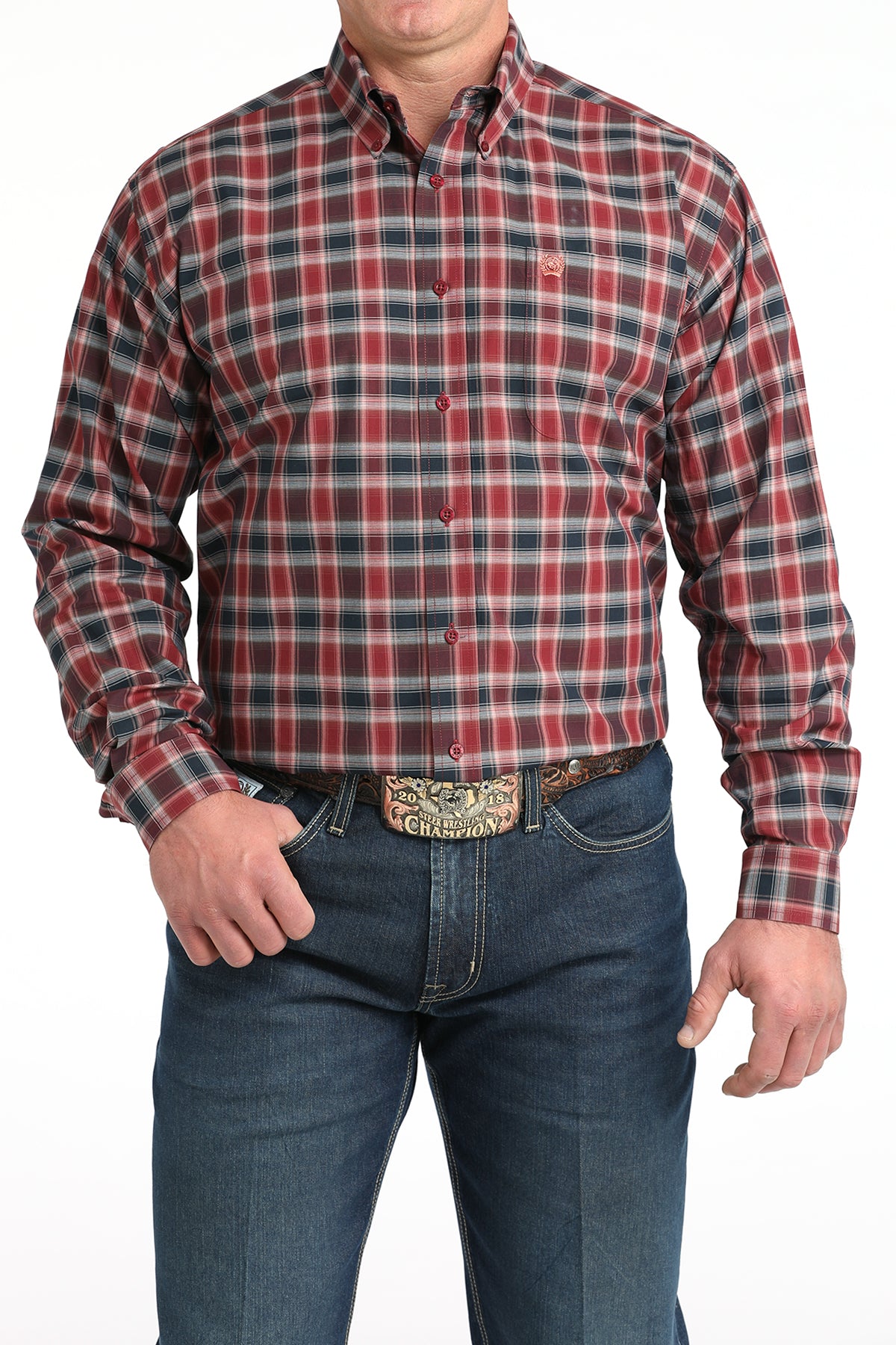 Men's Cinch Long Sleeve Burgundy Plaid Button Up Shirt MTW1106027