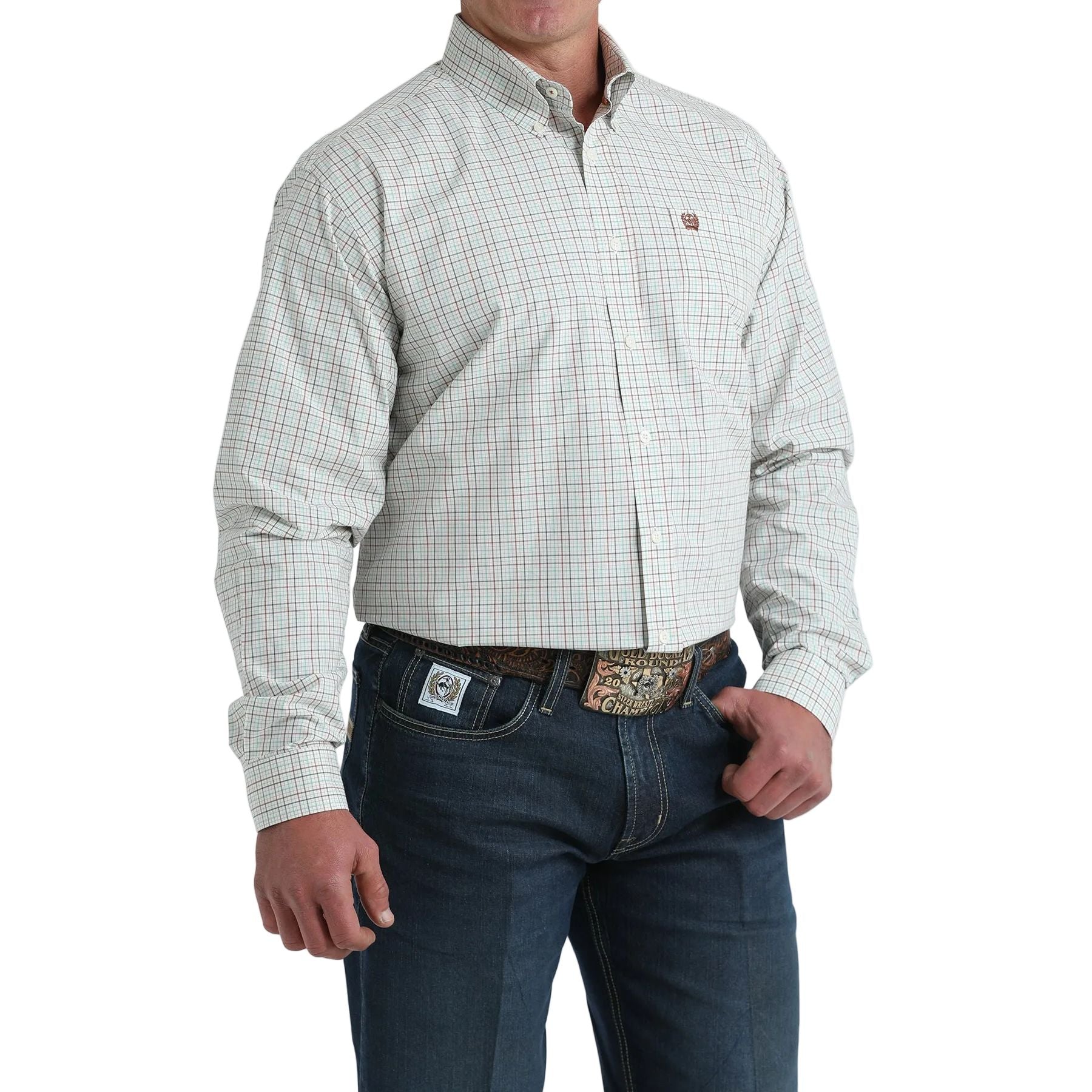 Men's Cinch Cream Grid Classic Fit Long Sleeve Button Down Shirt MTW1106035