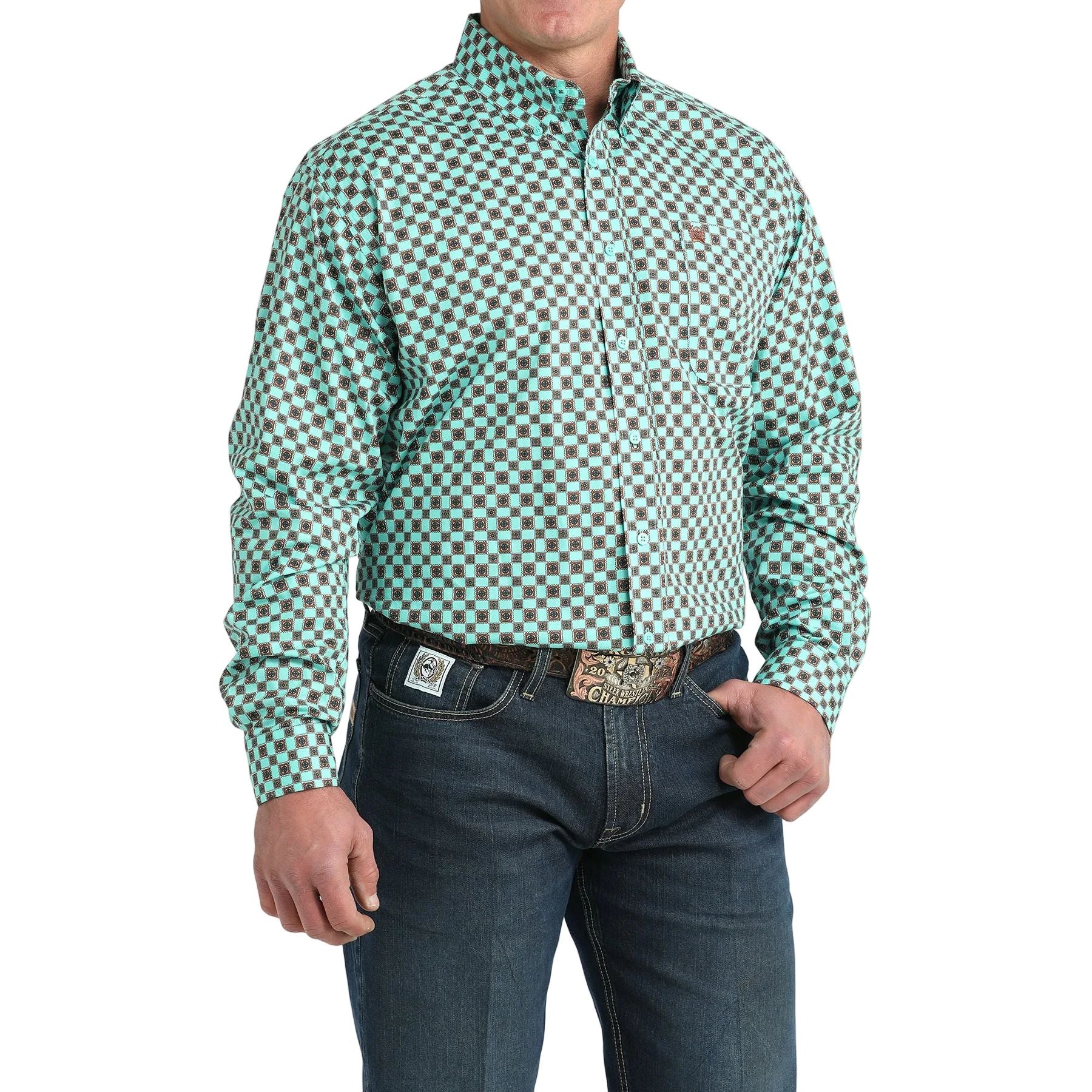 Men's Cinch Turquoise Geo Print Button Down Shirt MTW1106036