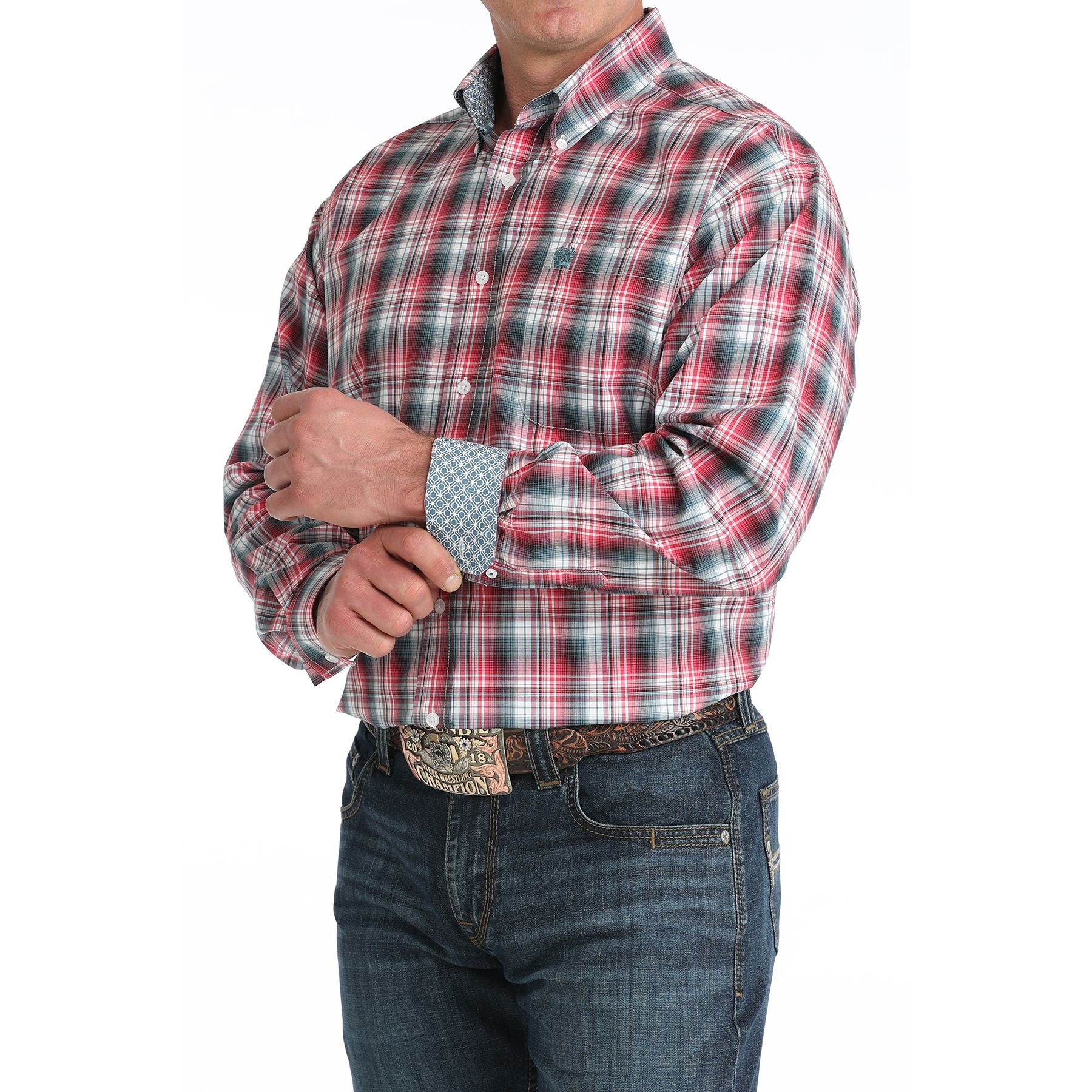 Men's Cinch Red and Black Plaid Long Sleeve Western Shirt MTW1106047