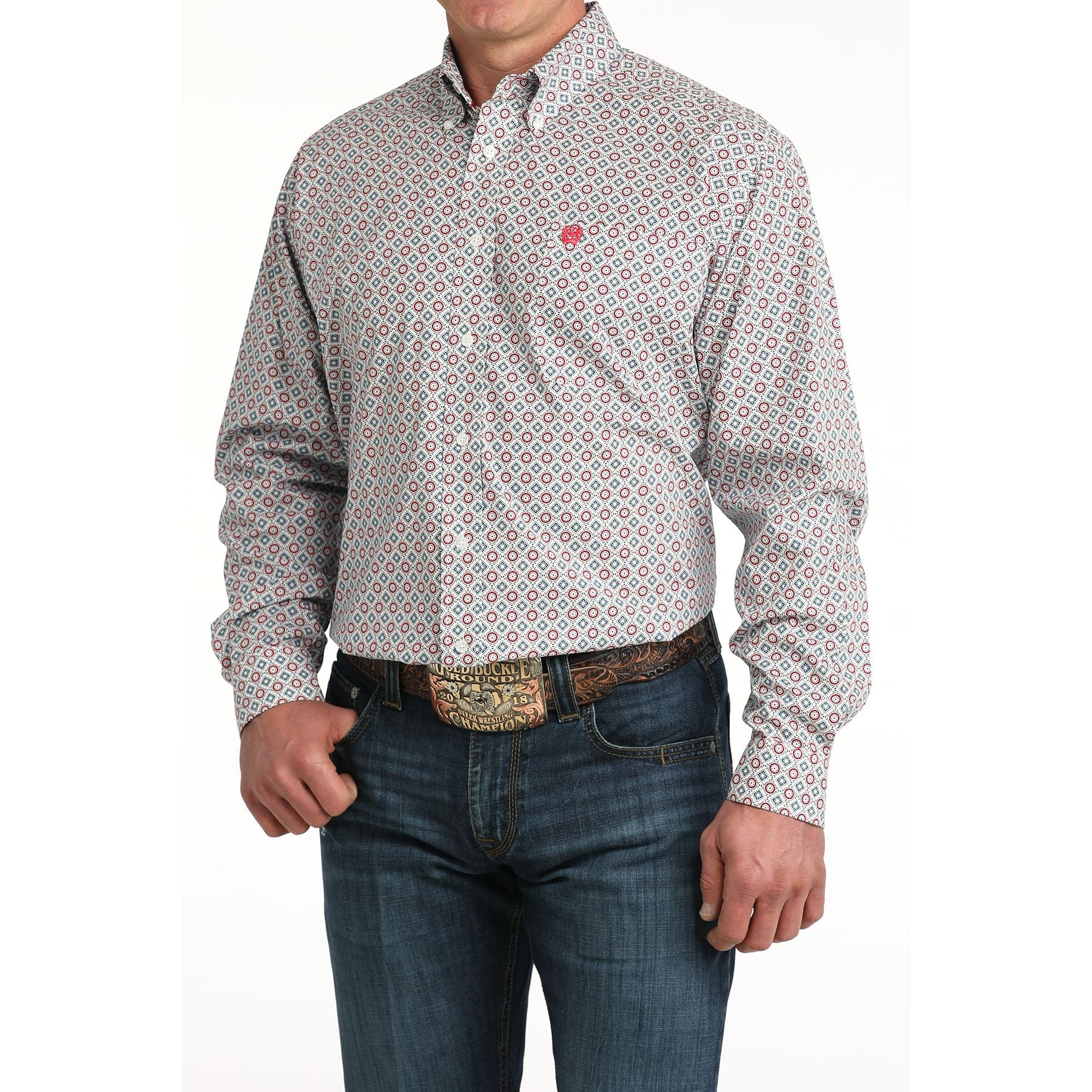 Men's Cinch White Geo Print Long Sleeve Shirt MTW1106055