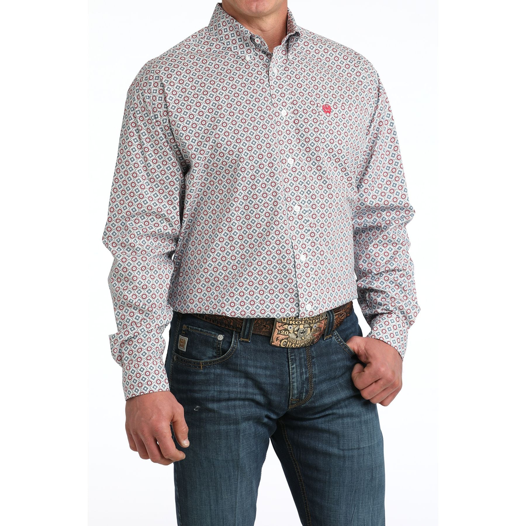 Men's Cinch White Geo Print Long Sleeve Shirt MTW1106055