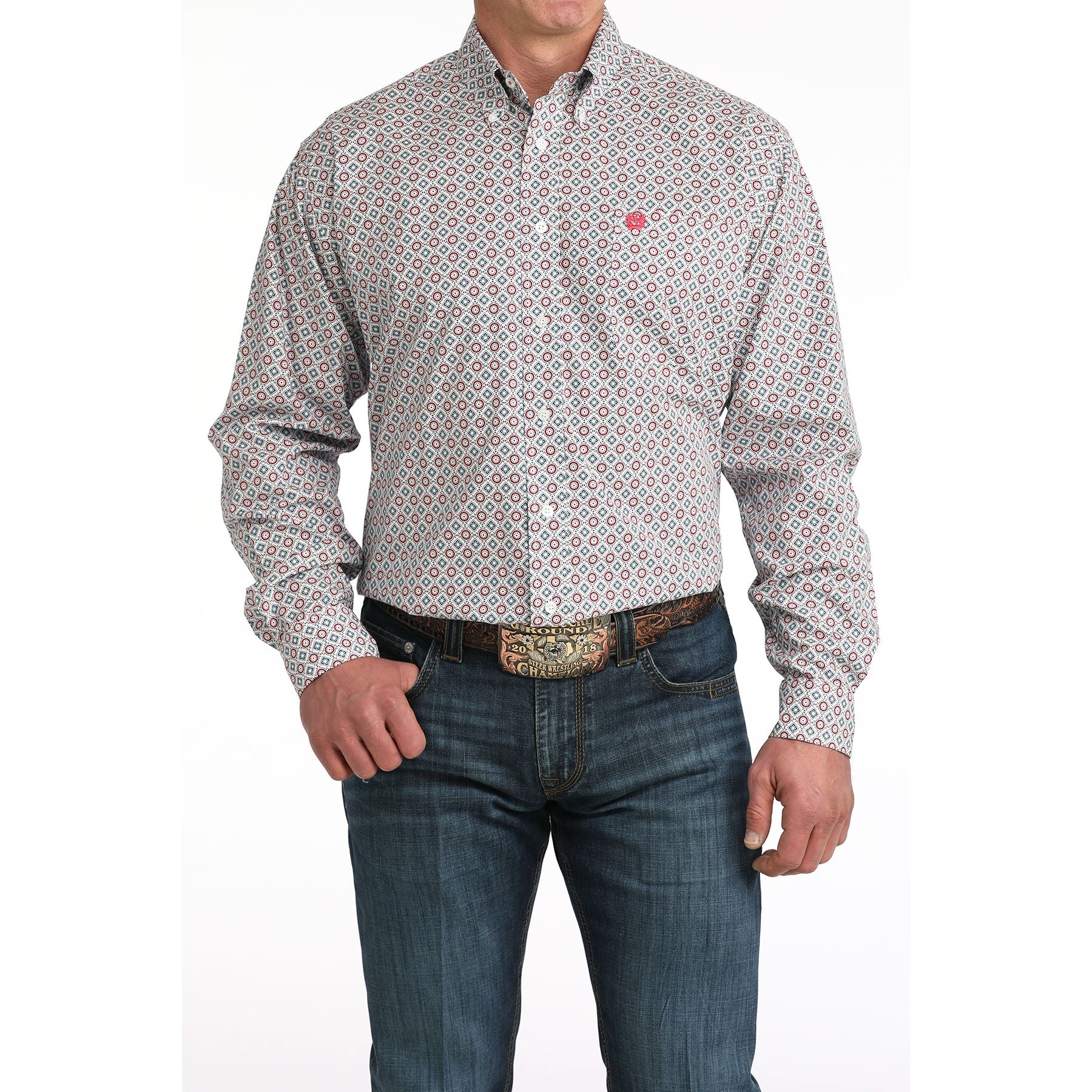 Men's Cinch White Geo Print Long Sleeve Shirt MTW1106055