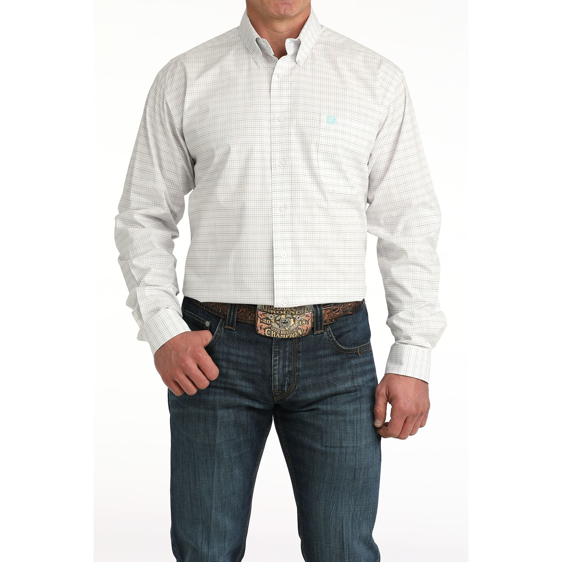 Men's Cinch White Plaid Long Sleeve Button Down Shirt MTW1106056