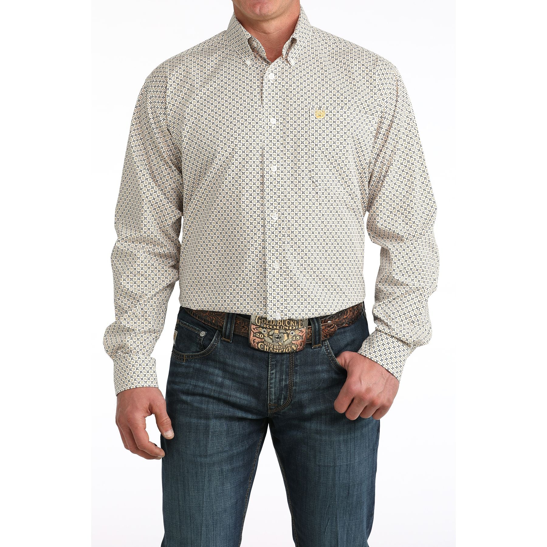 Men's Cinch Long Sleeve White and Printed Button Down Shirt MTW1106069