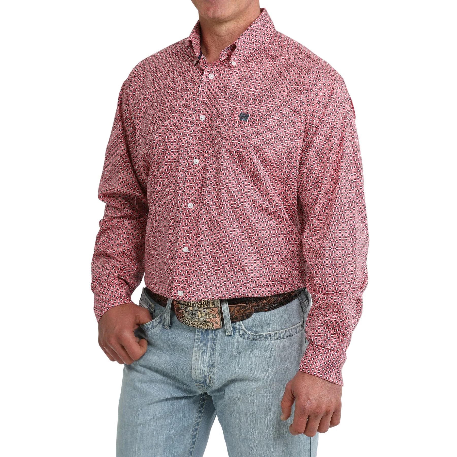 Men's Cinch Long Sleeve Pink Geo Print Button Down Shirt MTW1106100