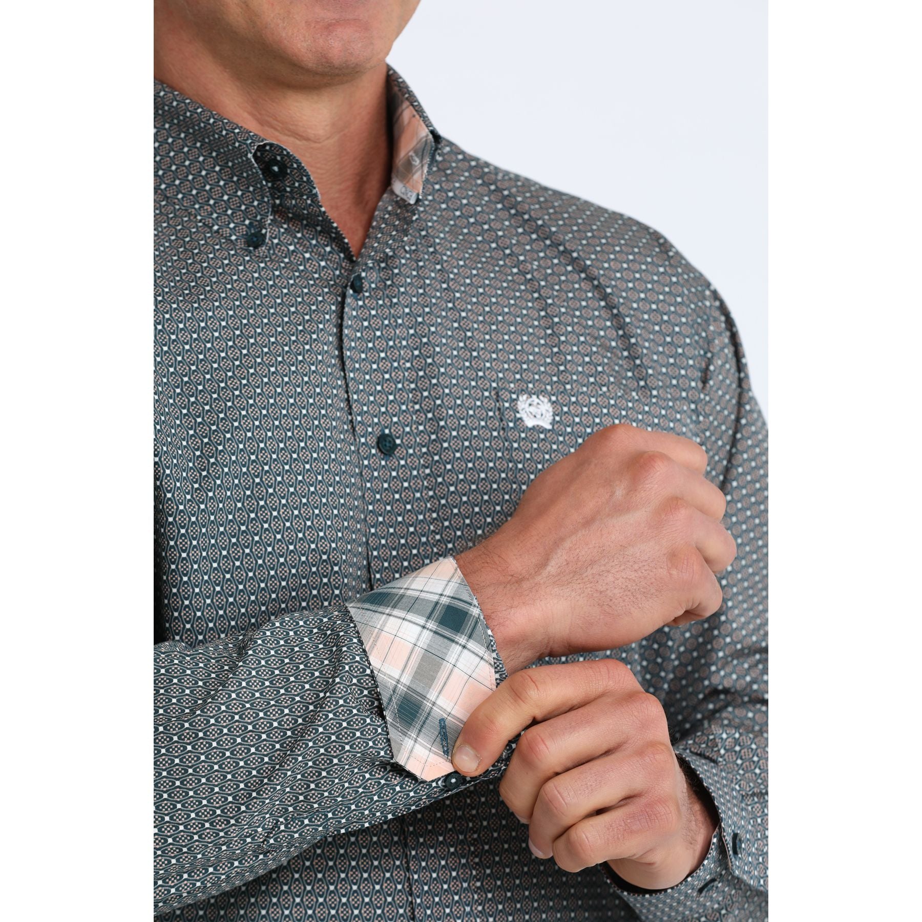 Men's Cinch Long Sleeve Teal Printed Button Down Shirt MTW1106104