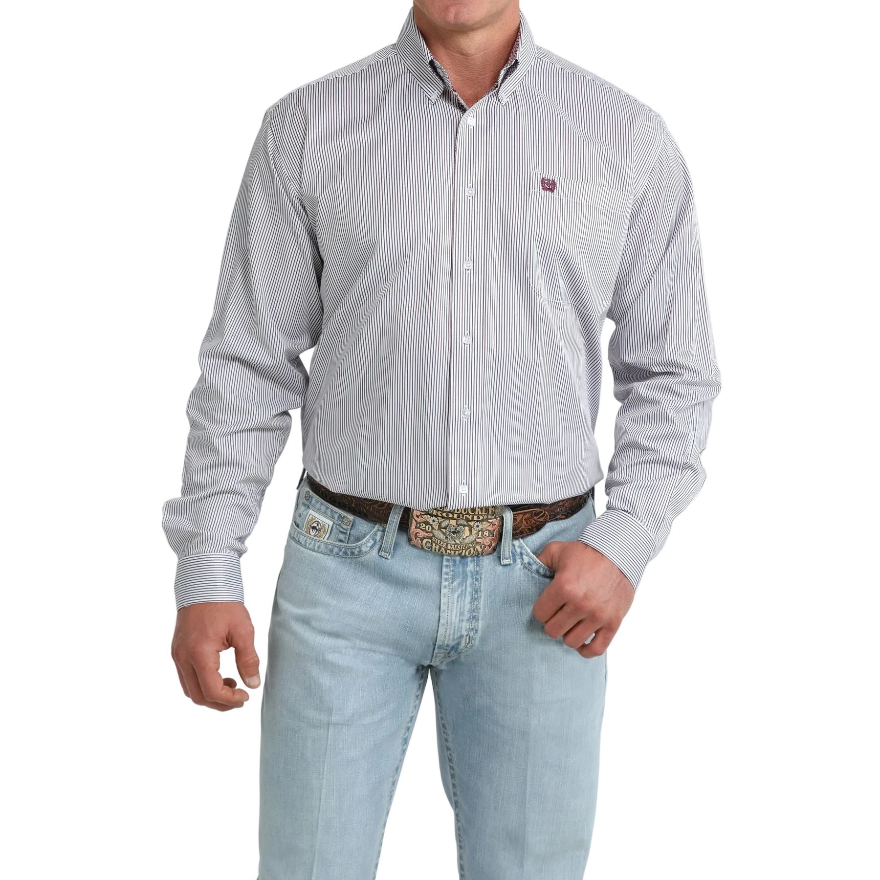 Men's Cinch Long Sleeve White Striped Button Down Shirt MTW1106107