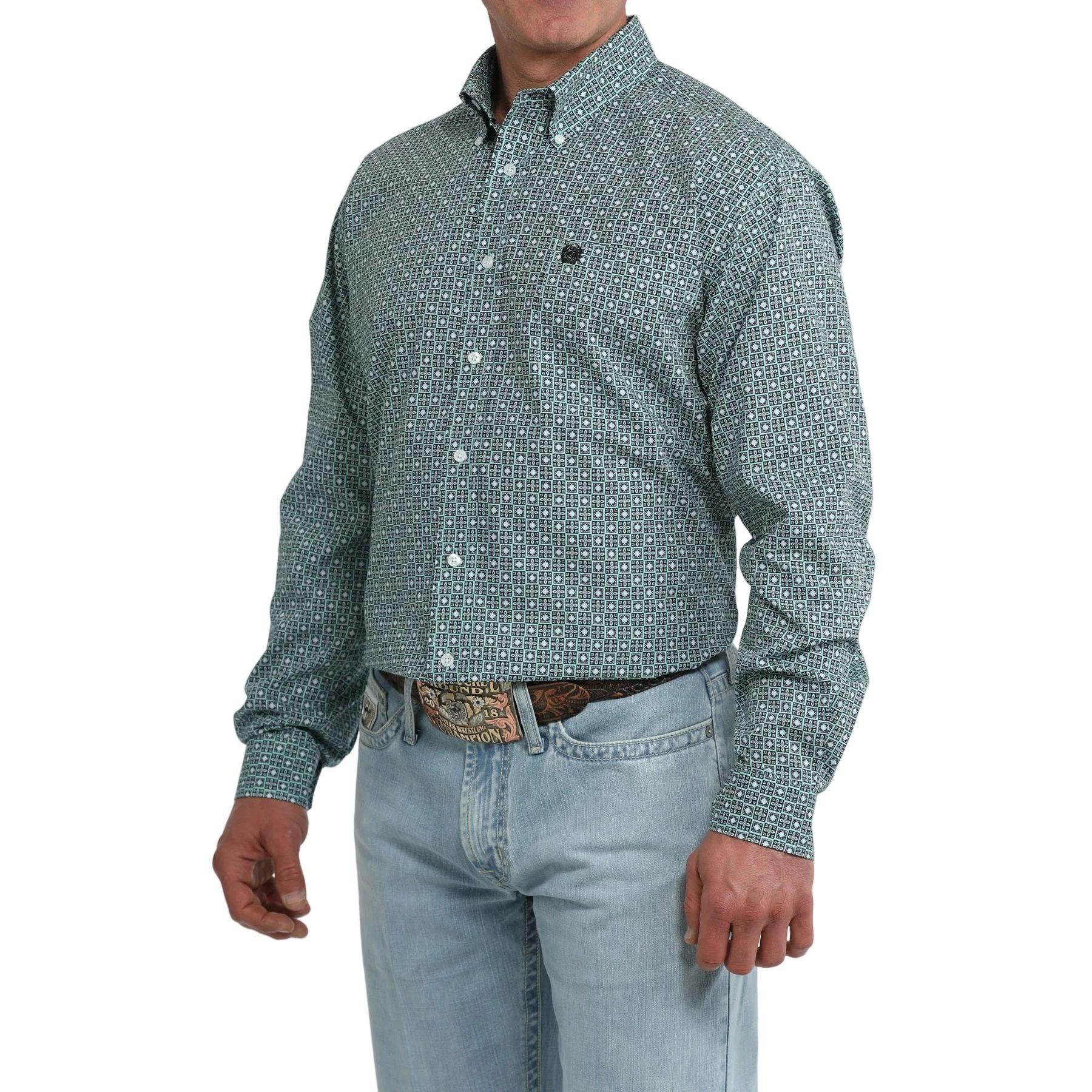 Men's Cinch Long Sleeve Classic Fit Teal Geo Printed Button Down Shirt MTW1106112