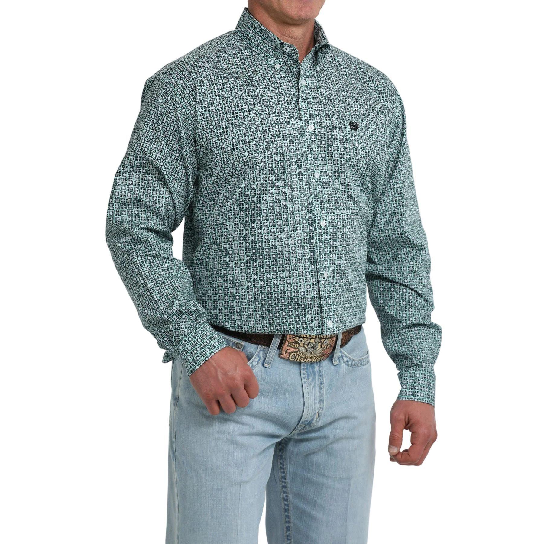 Men's Cinch Long Sleeve Classic Fit Teal Geo Printed Button Down Shirt MTW1106112