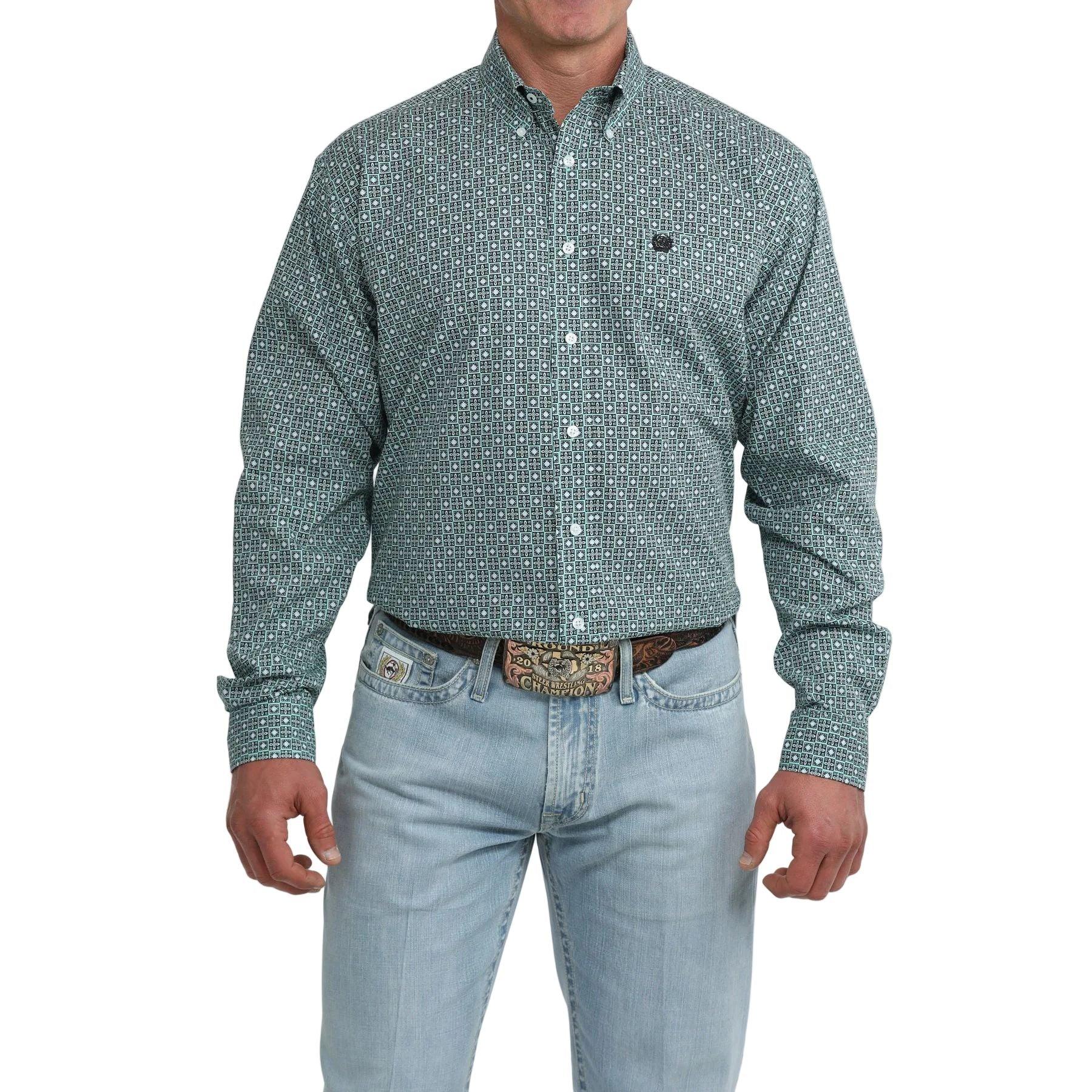 Men's Cinch Long Sleeve Classic Fit Teal Geo Printed Button Down Shirt MTW1106112