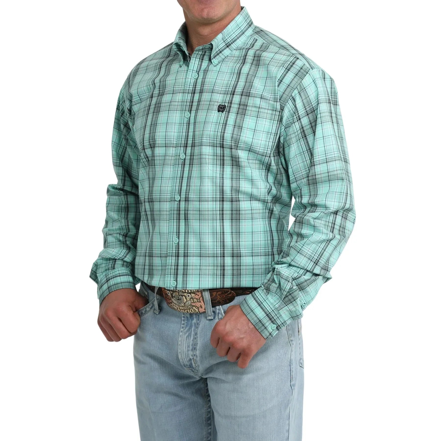 Men's Cinch Teal Plaid Long Sleeve Classic Fit Button Down Shirt MTW1106115