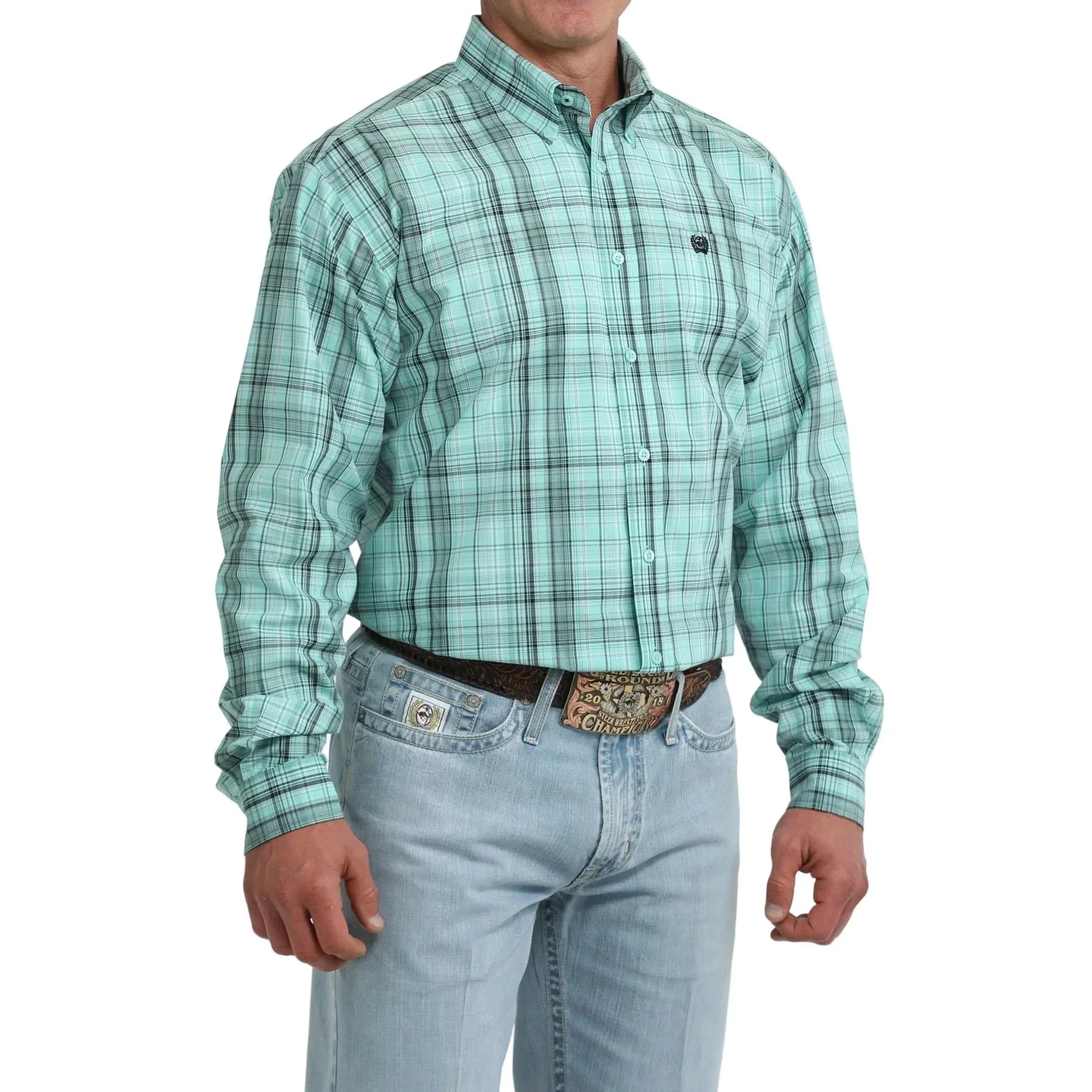 Men's Cinch Teal Plaid Long Sleeve Classic Fit Button Down Shirt MTW1106115