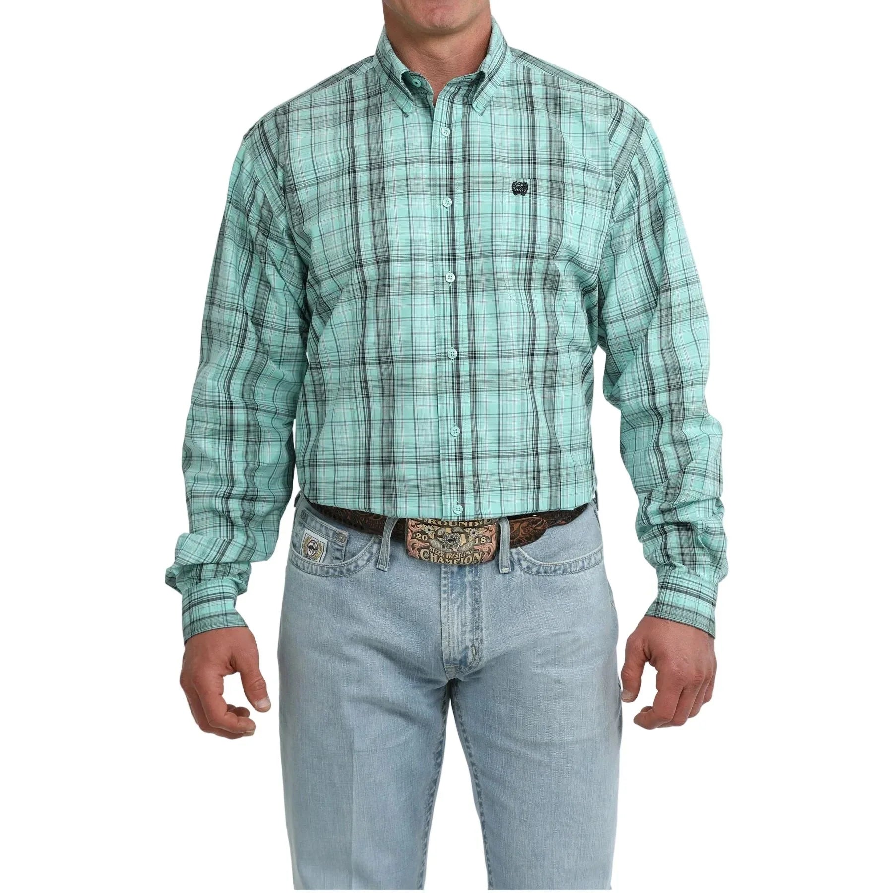Men's Cinch Teal Plaid Long Sleeve Classic Fit Button Down Shirt MTW1106115
