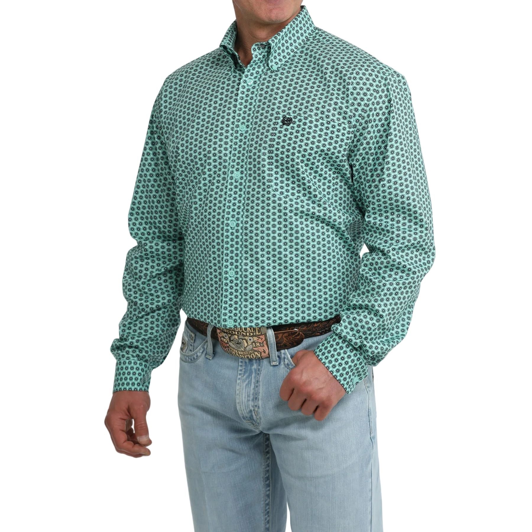 Men's Cinch Long Sleeve Teal Floral Geo Print Classic Fit Button Up Shirt MTW1106116