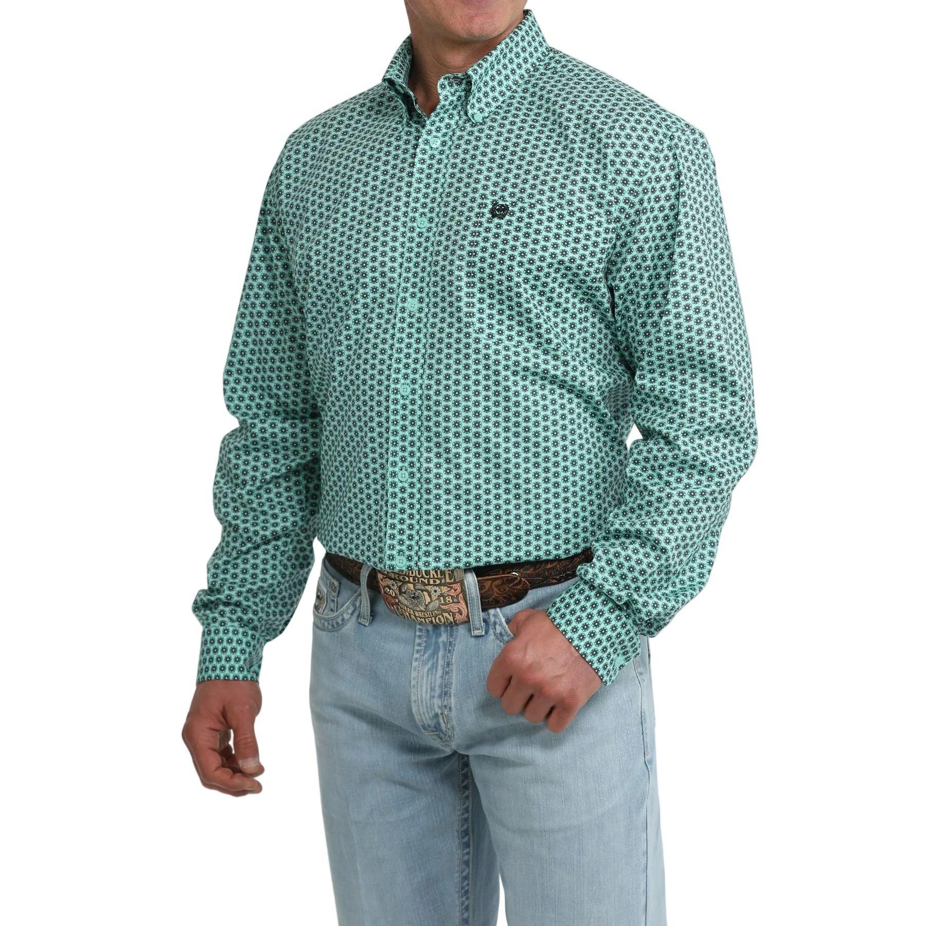 Men's Cinch Long Sleeve Teal Floral Geo Print Classic Fit Button Up Shirt MTW1106116