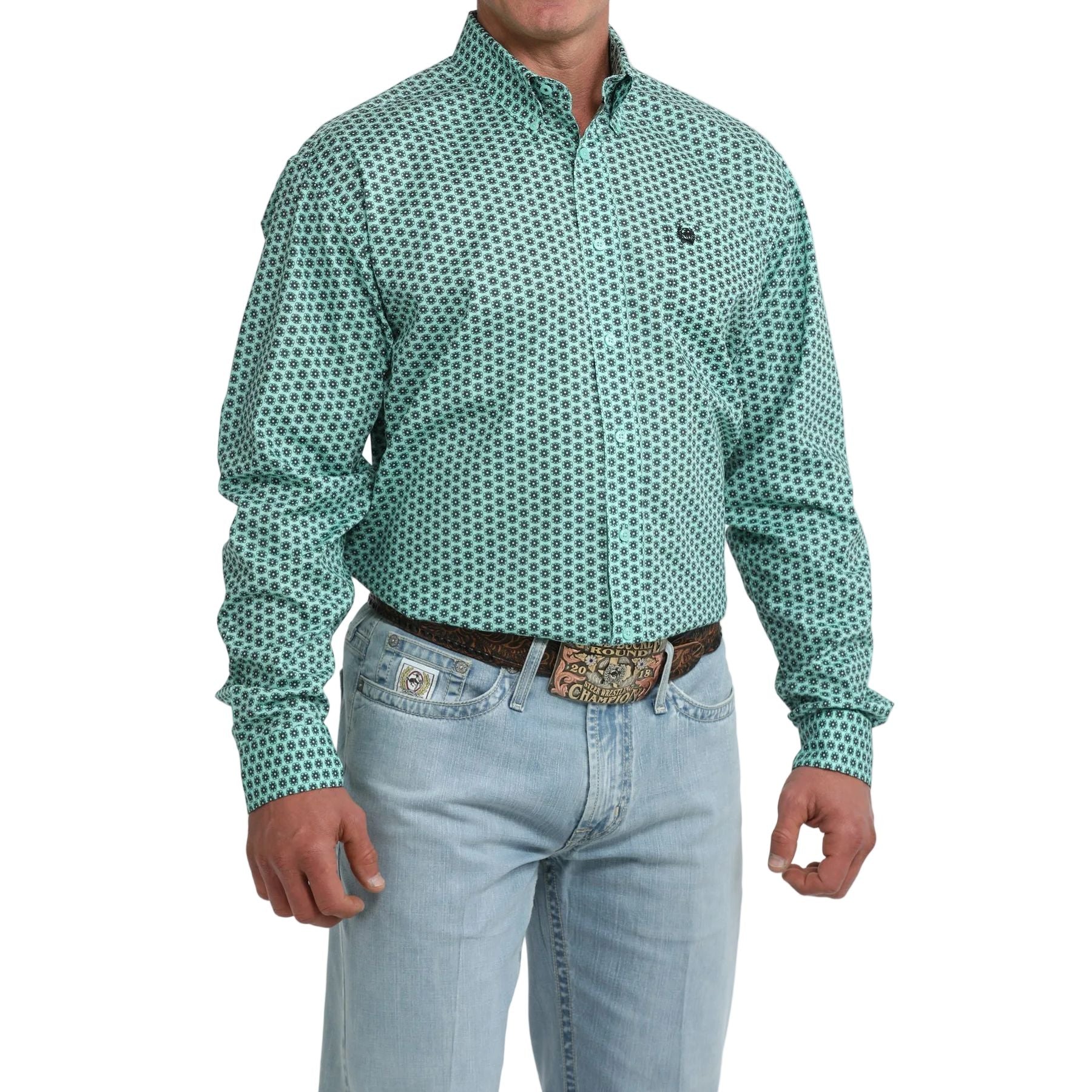 Men's Cinch Long Sleeve Teal Floral Geo Print Classic Fit Button Up Shirt MTW1106116