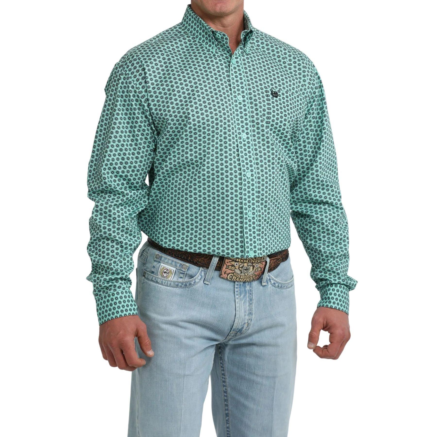 Men's Cinch Long Sleeve Teal Floral Geo Print Classic Fit Button Up Shirt MTW1106116