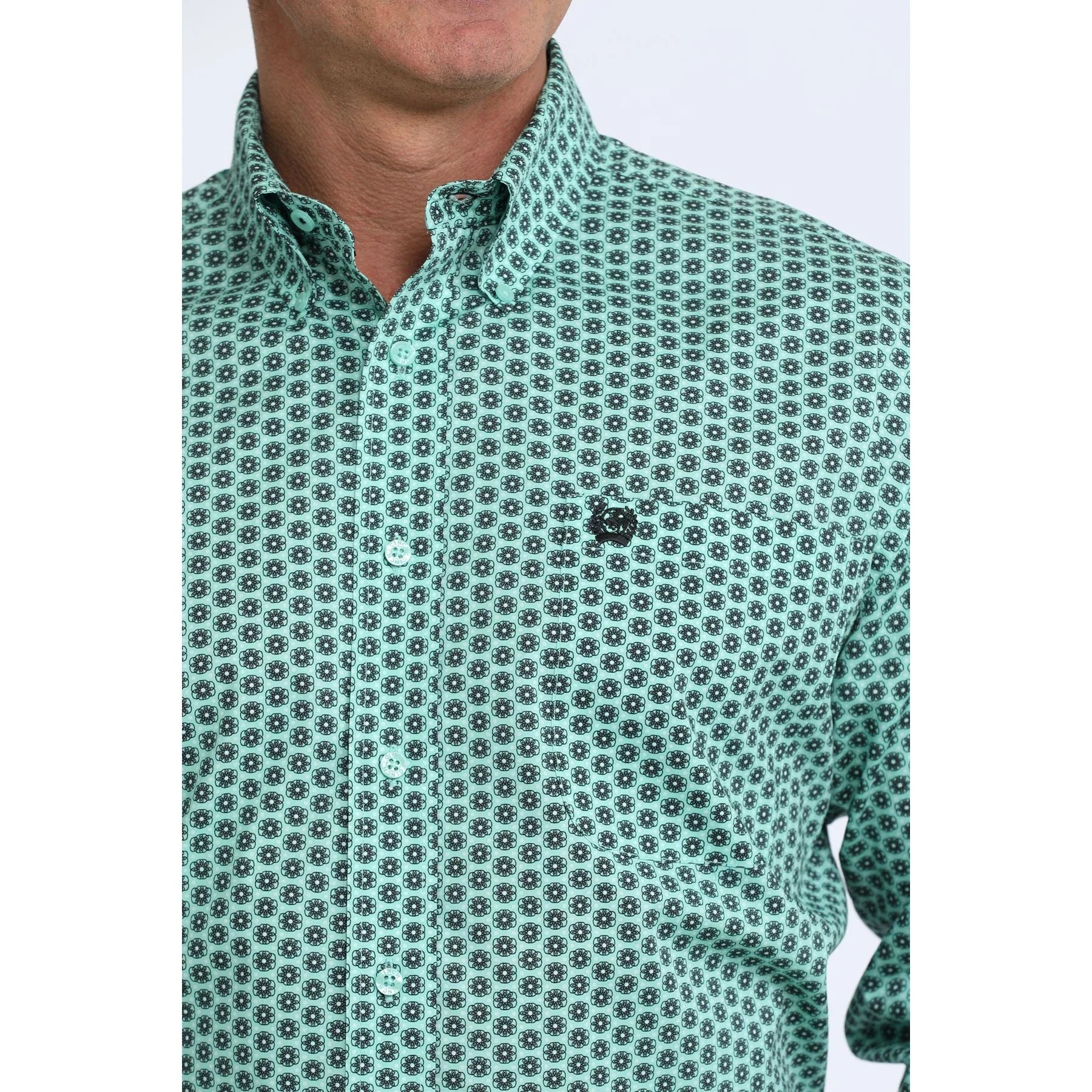 Men's Cinch Long Sleeve Teal Floral Geo Print Classic Fit Button Up Shirt MTW1106116