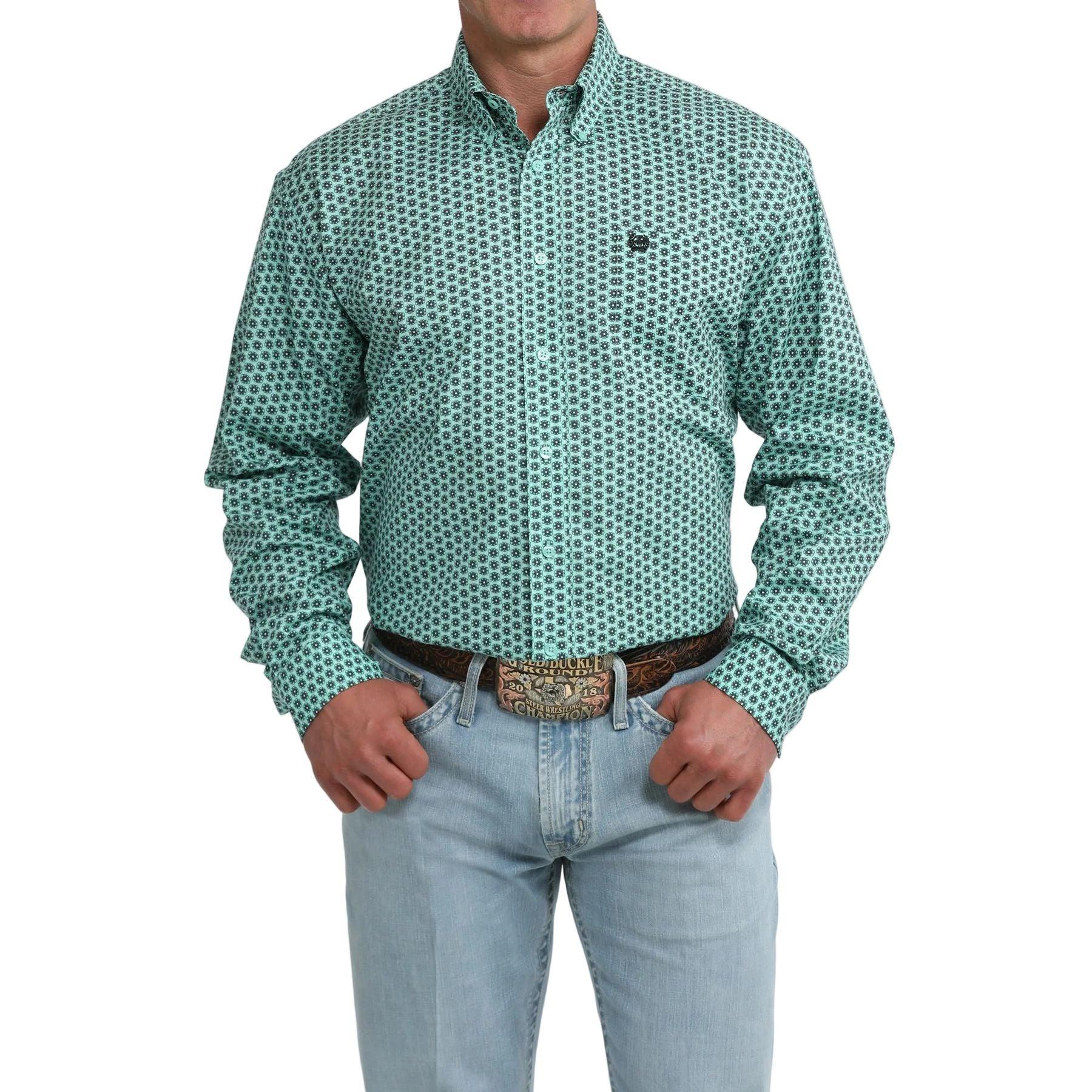 Men's Cinch Long Sleeve Teal Floral Geo Print Classic Fit Button Up Shirt MTW1106116