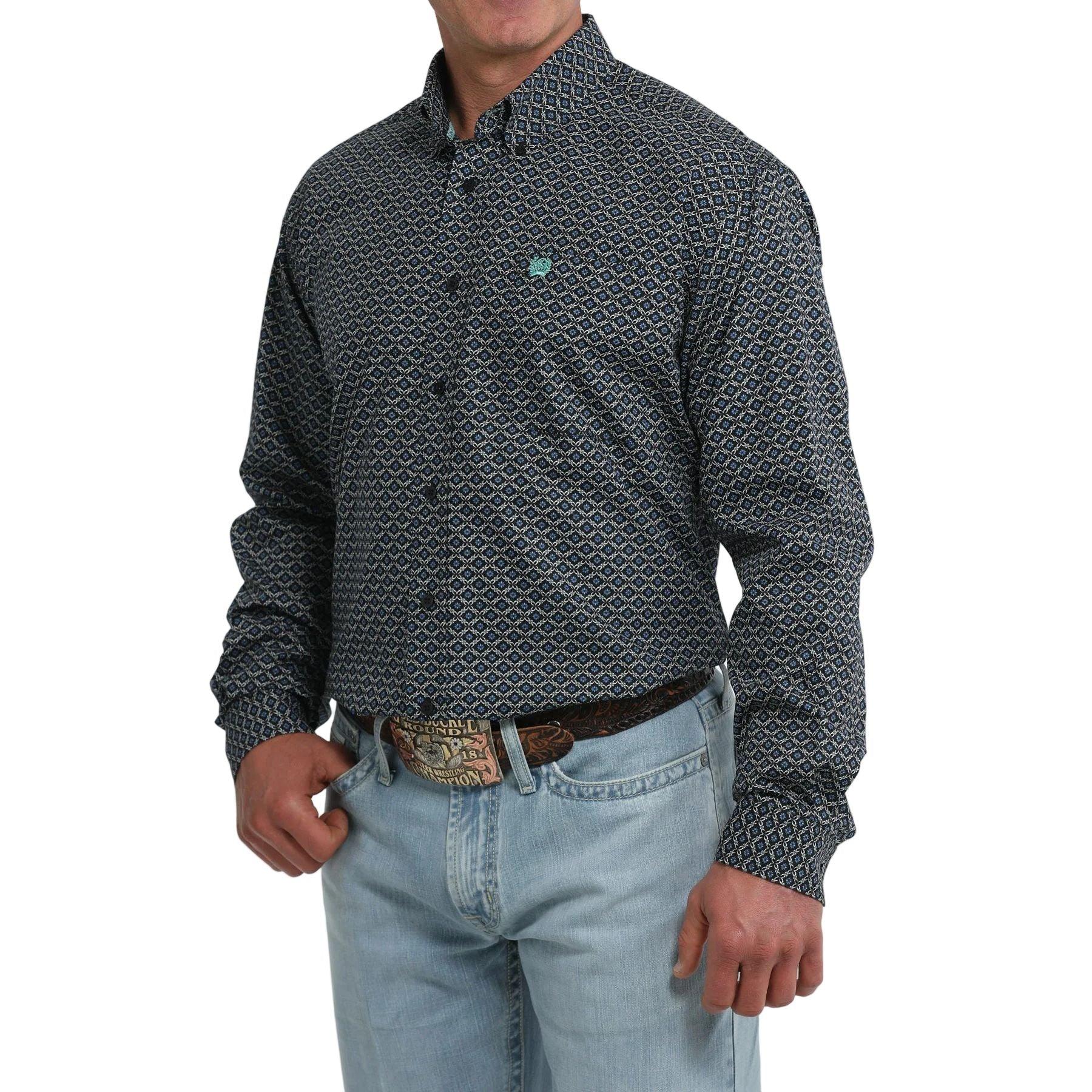 Men's Cinch Long Sleeve Blue and Black Geo Print Classic Fit Shirt MTW1106118
