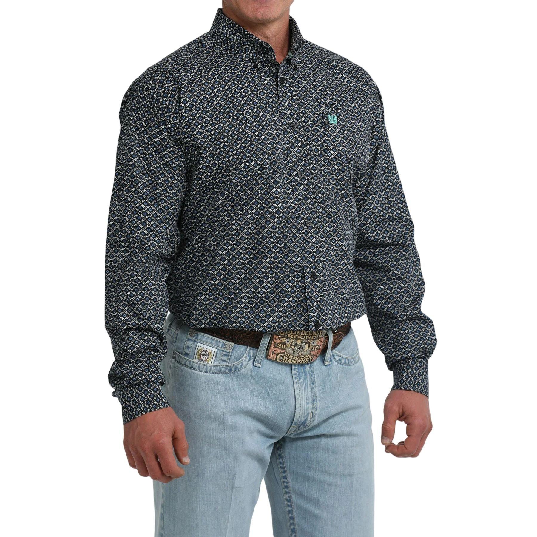 Men's Cinch Long Sleeve Blue and Black Geo Print Classic Fit Shirt MTW1106118