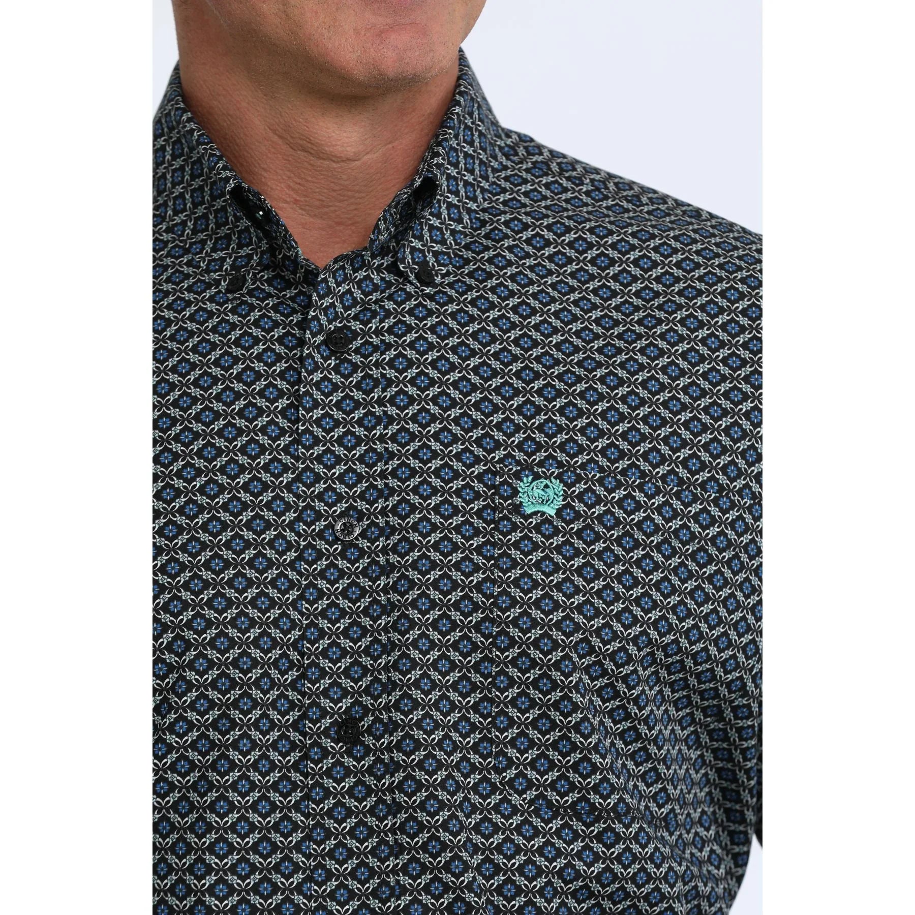 Men's Cinch Long Sleeve Blue and Black Geo Print Classic Fit Shirt MTW1106118