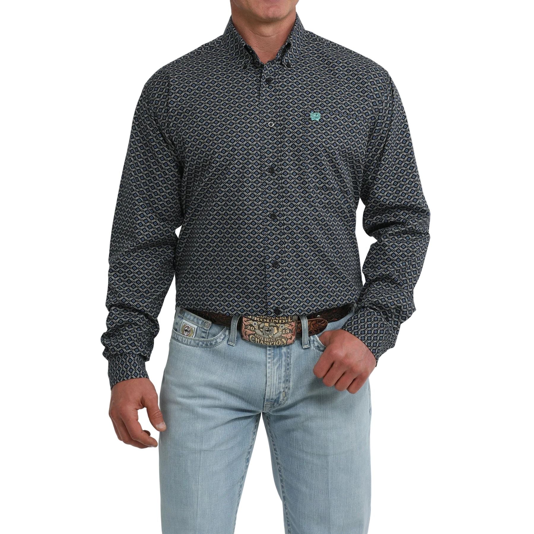 Men's Cinch Long Sleeve Blue and Black Geo Print Classic Fit Shirt MTW1106118