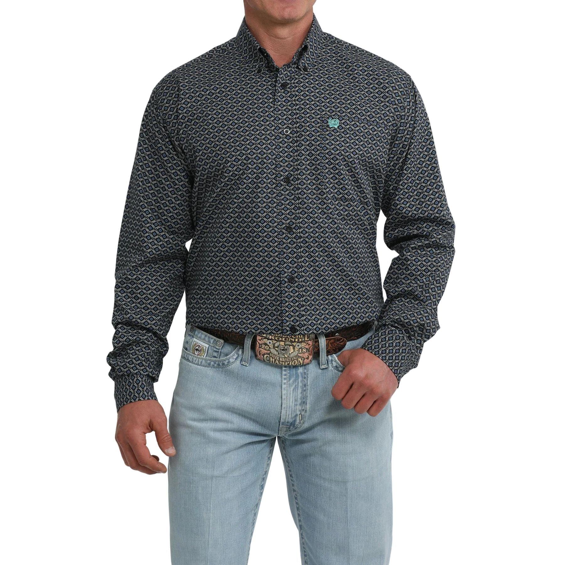 Men's Cinch Long Sleeve Blue and Black Geo Print Classic Fit Shirt MTW1106118