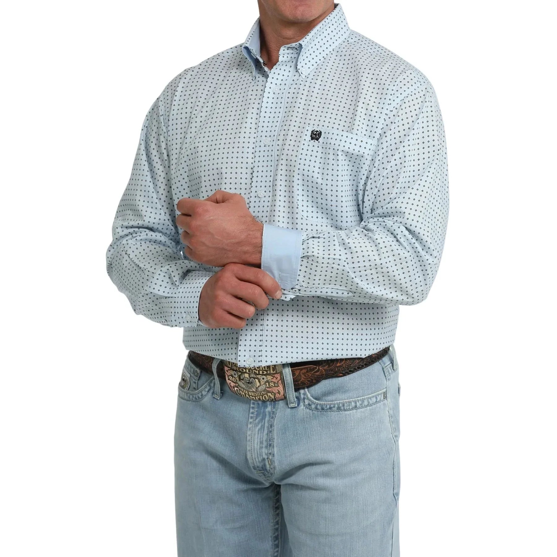 Men's Cinch Light Blue Geo Print Long Sleeve Classic Fit Shirt MTW1106124