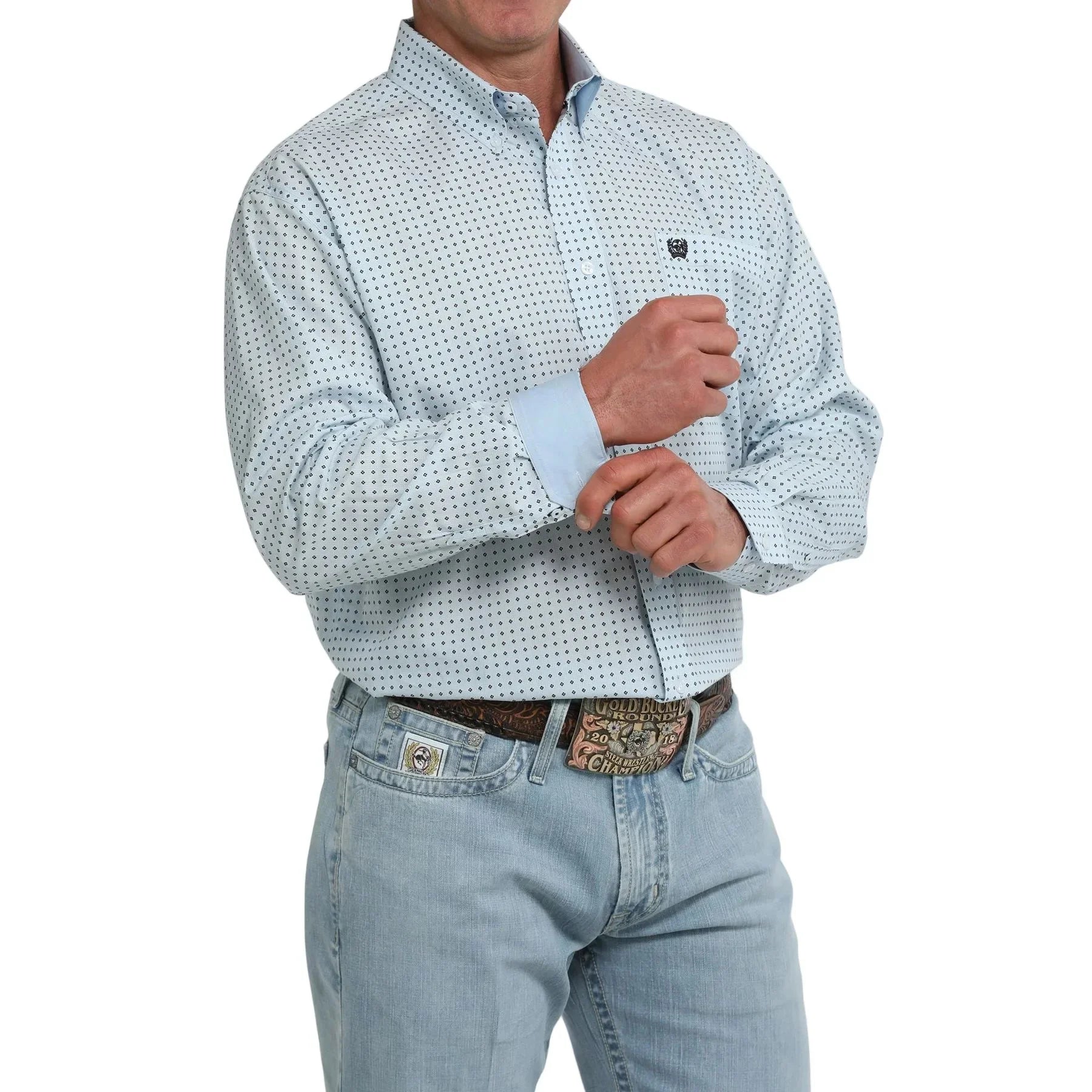 Men's Cinch Light Blue Geo Print Long Sleeve Classic Fit Shirt MTW1106124