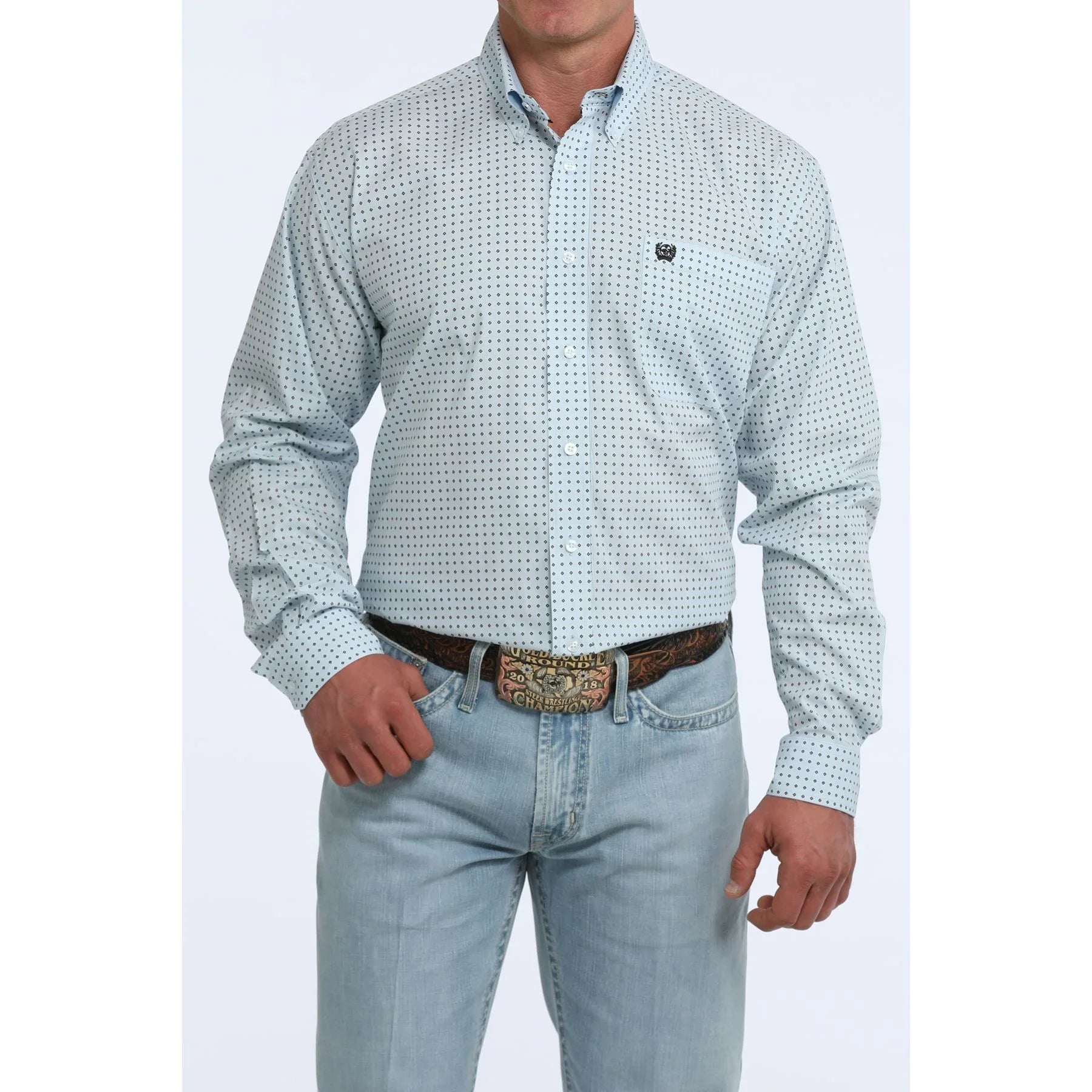 Men's Cinch Light Blue Geo Print Long Sleeve Classic Fit Shirt MTW1106124