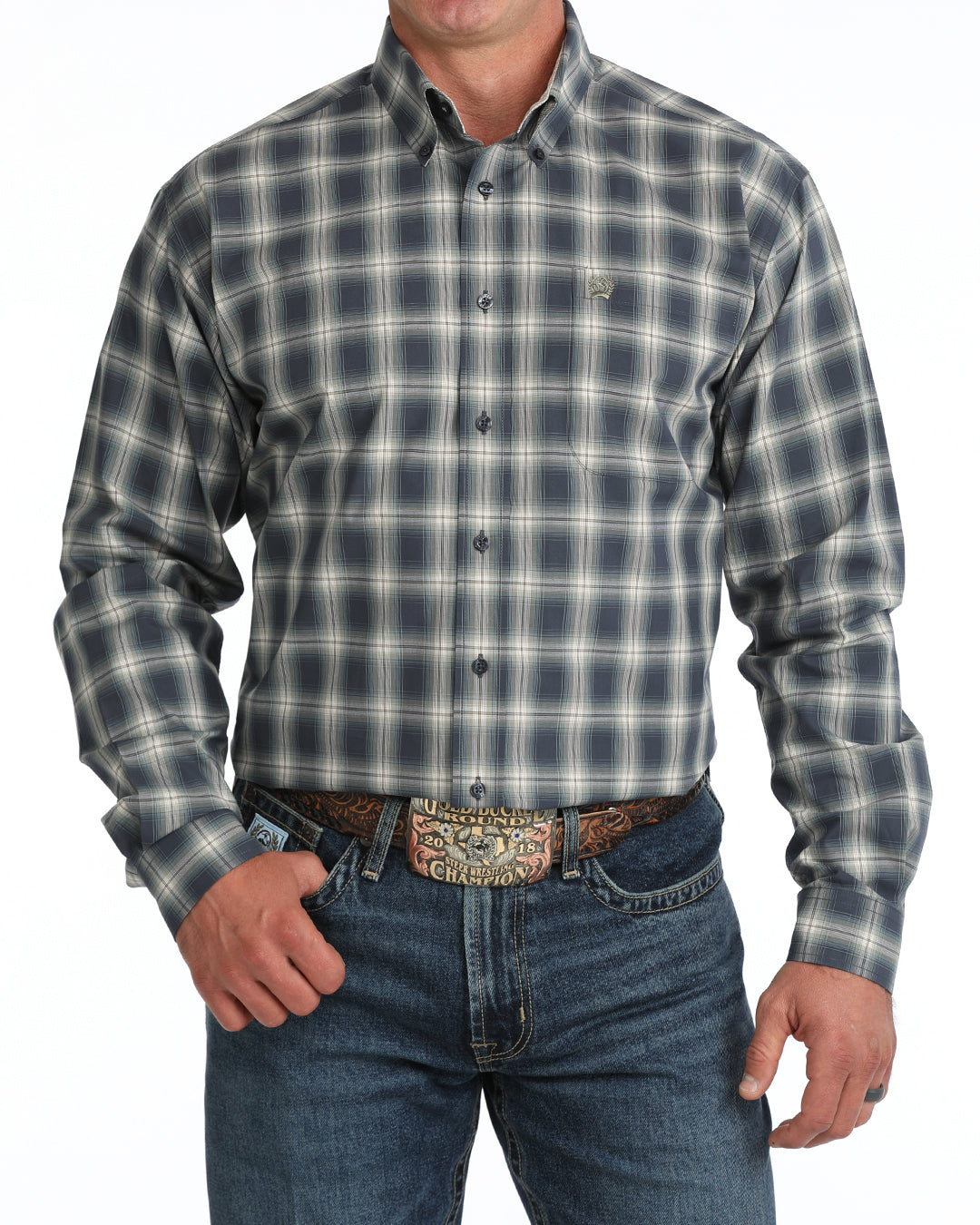 Cinch Men's Long Sleeve Navy Plaid Button Up shirt MTW1106129